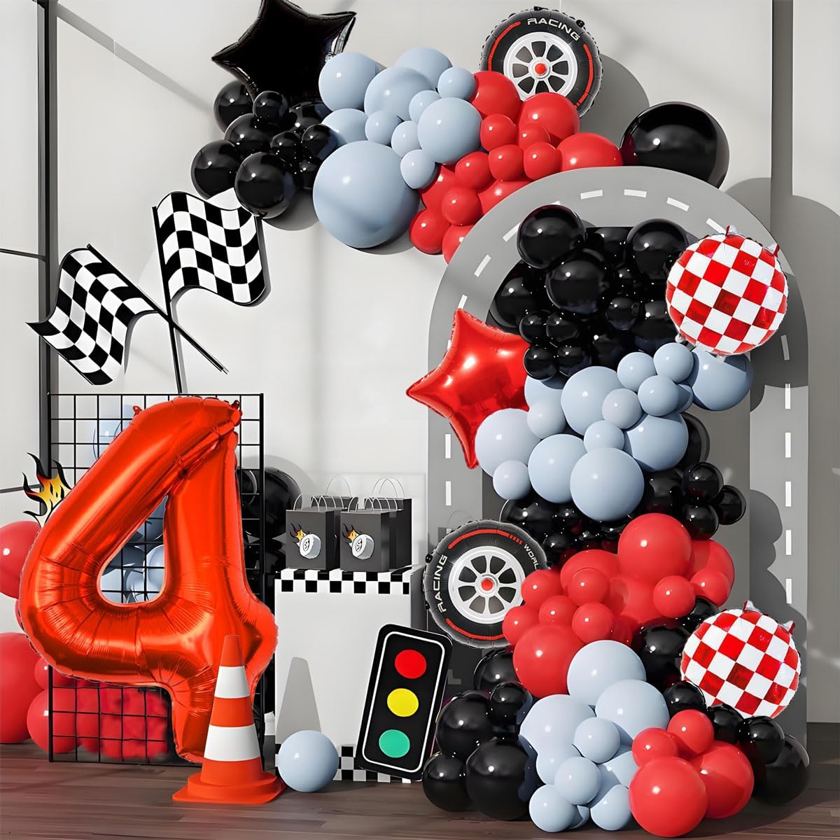 Decorazioni per feste di compleanno per auto da corsa Piatto a tema auto da corsa Palloncino Banner Tovaglia per baby shower Fornure per feste per bambini  15