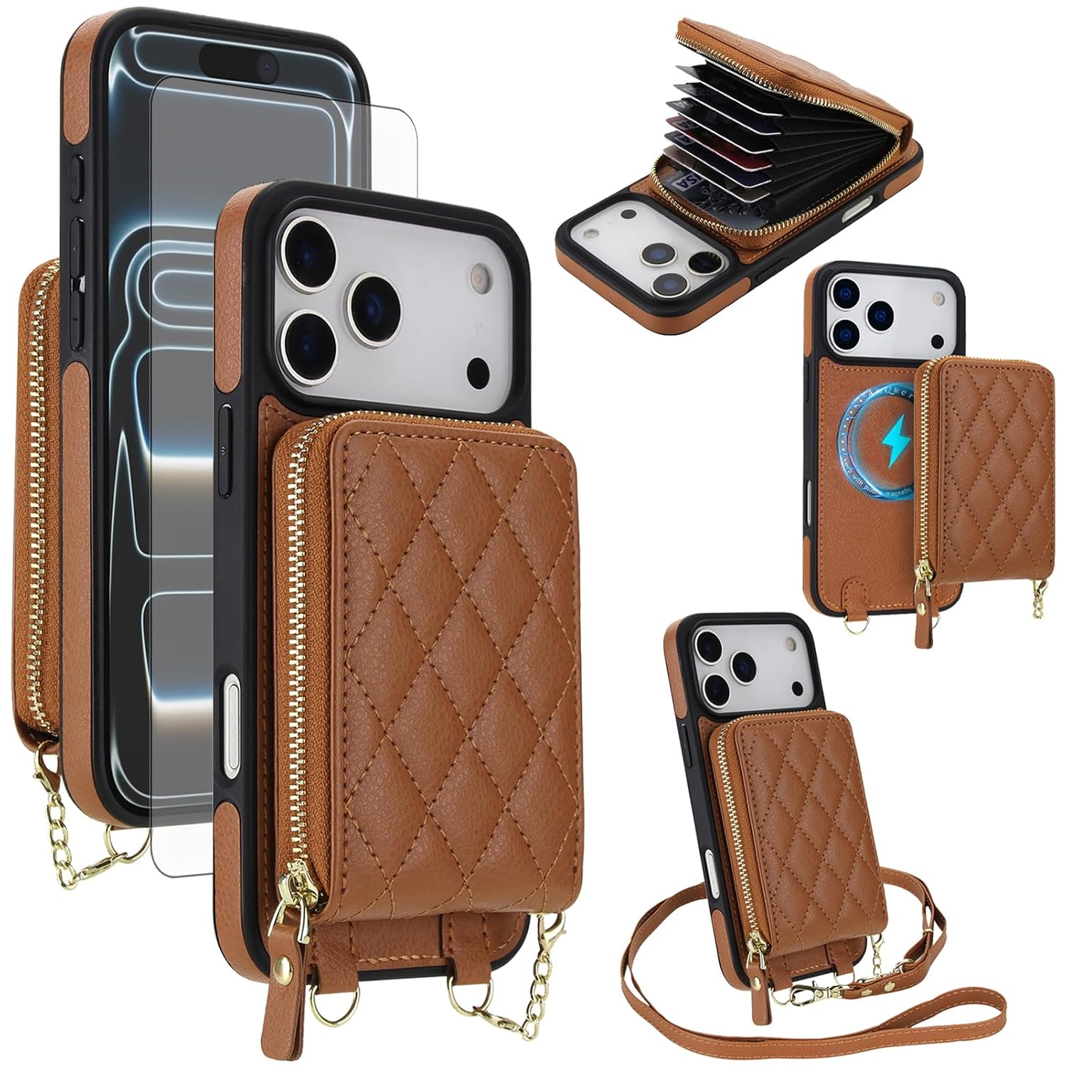Asuwish Phone Case for iPhone 17 Pro 6.3 inch 2-in-1 Magnetic Detachable Zipper Wallet Cell Cover with Screen Protector Crossbody Strap RFID Blocking Credit Card Holder i Phone17 i17 17Pro Women Brown