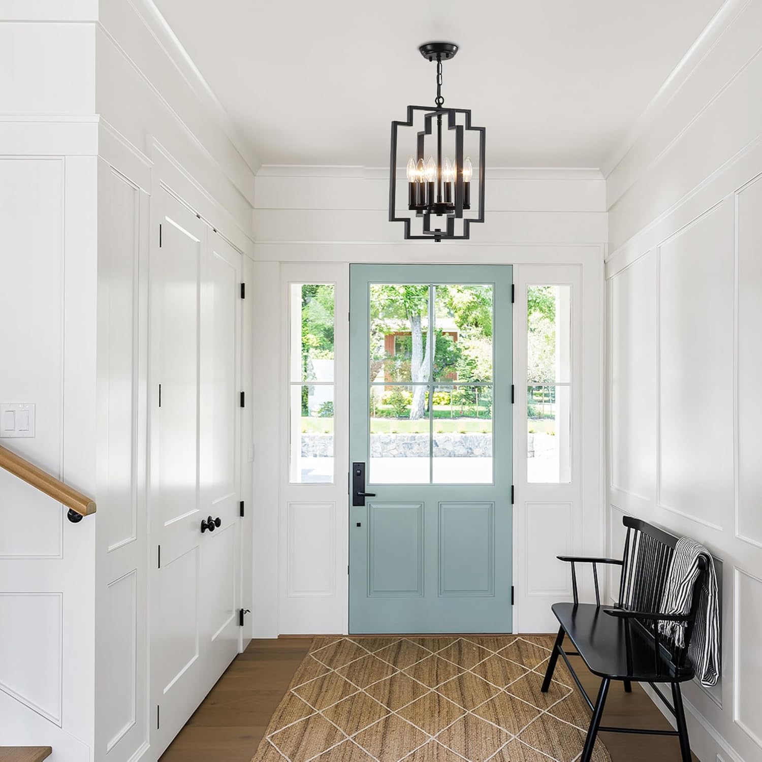 Small Black Chandelier 6-Light, Farmhouse Modern Chandelier for Dining Room, Rustic Kitchen Island Metal Pendant Hanging, Adjustable Geometric Foyer Light Fixtures for Hallway Entryway Living Room