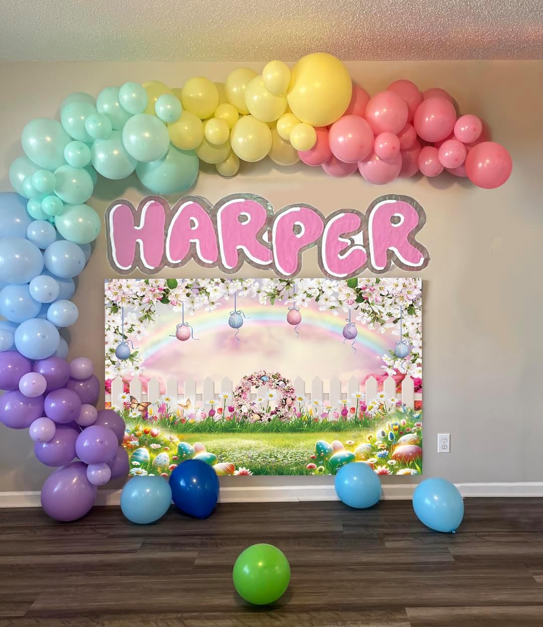 Spring Easter Backdrop Easter Eggs Fence Rainbow Floral Spring Garden Theme Photography Background Baby Shower Children Birthday Home Party Decorations (7x5FT)