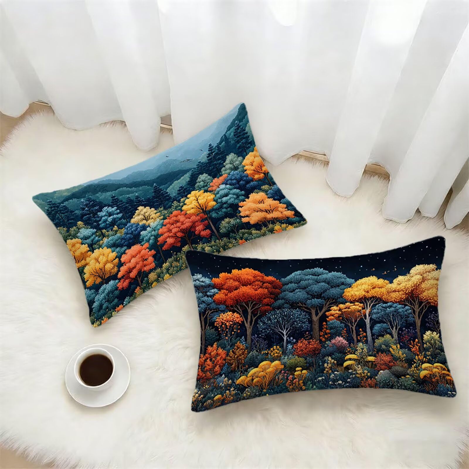 Federe Cuscino 60x80 Set di 2, Foresta Federe Cuscini Divano Lino, Rettangolari Copricuscini 60x80cm Con Cerniera Invisibile, Copricuscino per Camera Letto Casa Decorazioni Regalo, Paesaggio kj-9178