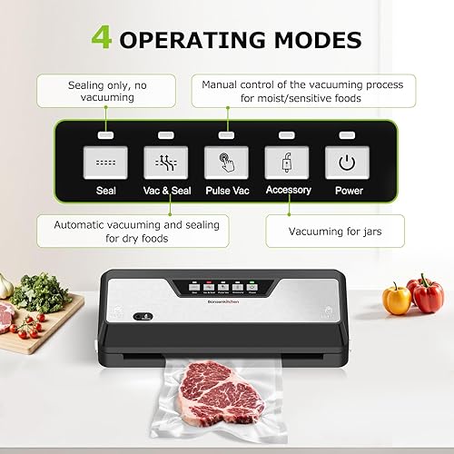 Miniatura 2 de Bonsenkitchen Máquina selladora al vacío con cortador integrado y almacenamiento de bolsas para Sous Vide y preparación de comidas, sellador