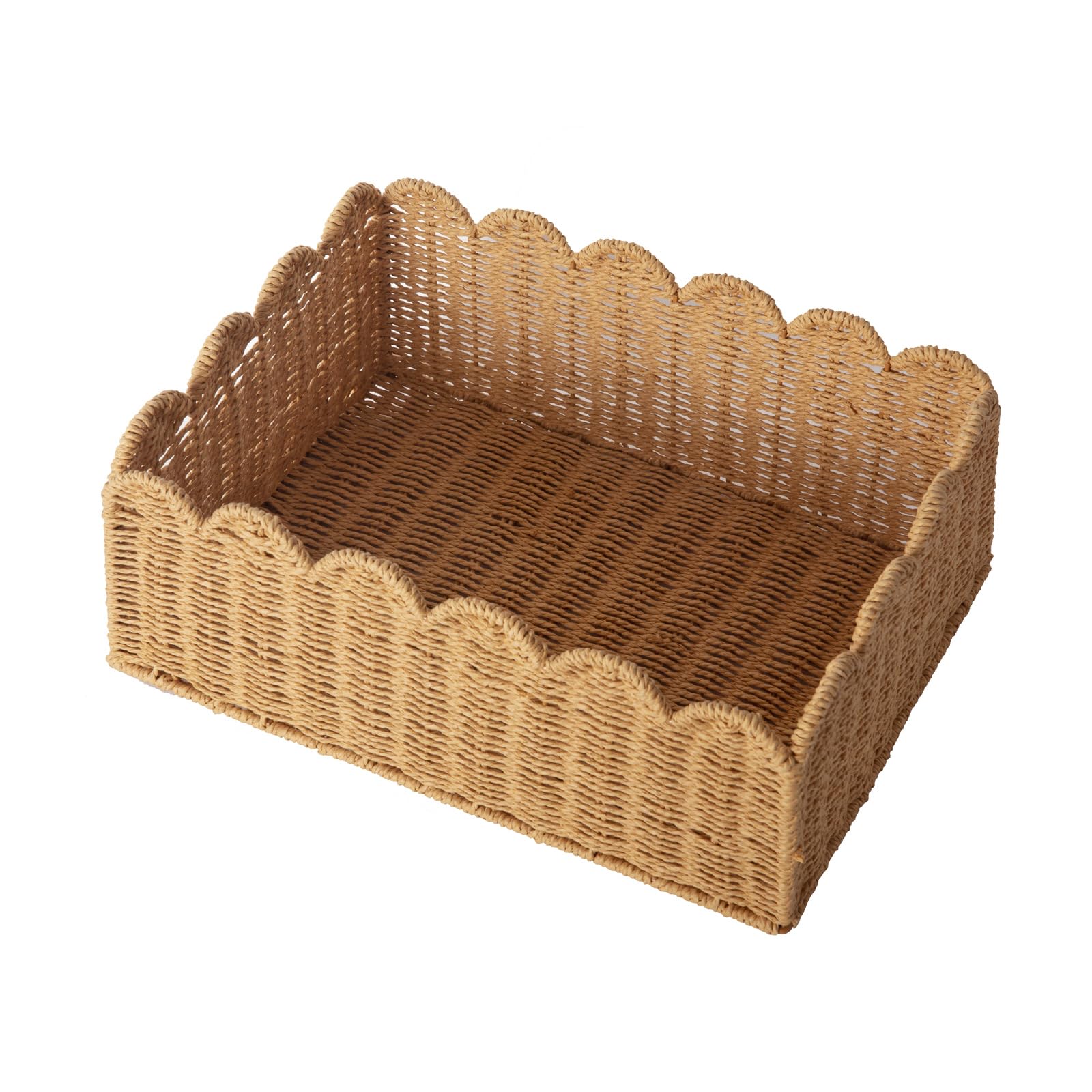 Cesta de mimbre con borde festoneado, cestas de almacenamiento tejidas a mano para estantes, cestas naturales para organizar (M-14 pulgadas de largo x 10.5 pulgadas de ancho x 6 pulgadas de alto)