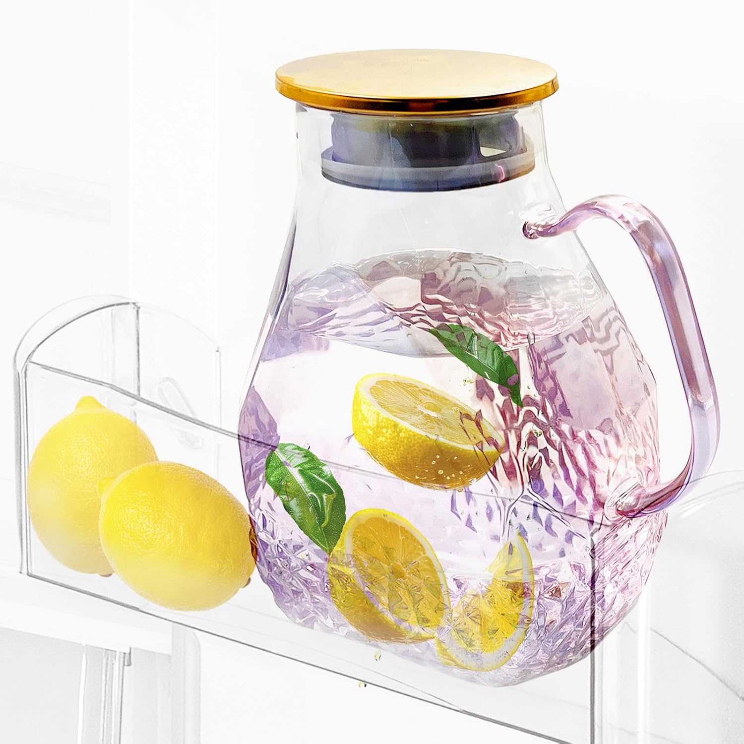 Daily Treasures 1.8 Liter Pink Glass Pitchers with Lid, Glacier Texture Borosilicate Glass Pitcher,Double Opening Filter Cap Design Drink Pitcher for Cold Brew Coffee, Iced Tea, Milk, Water, Juice