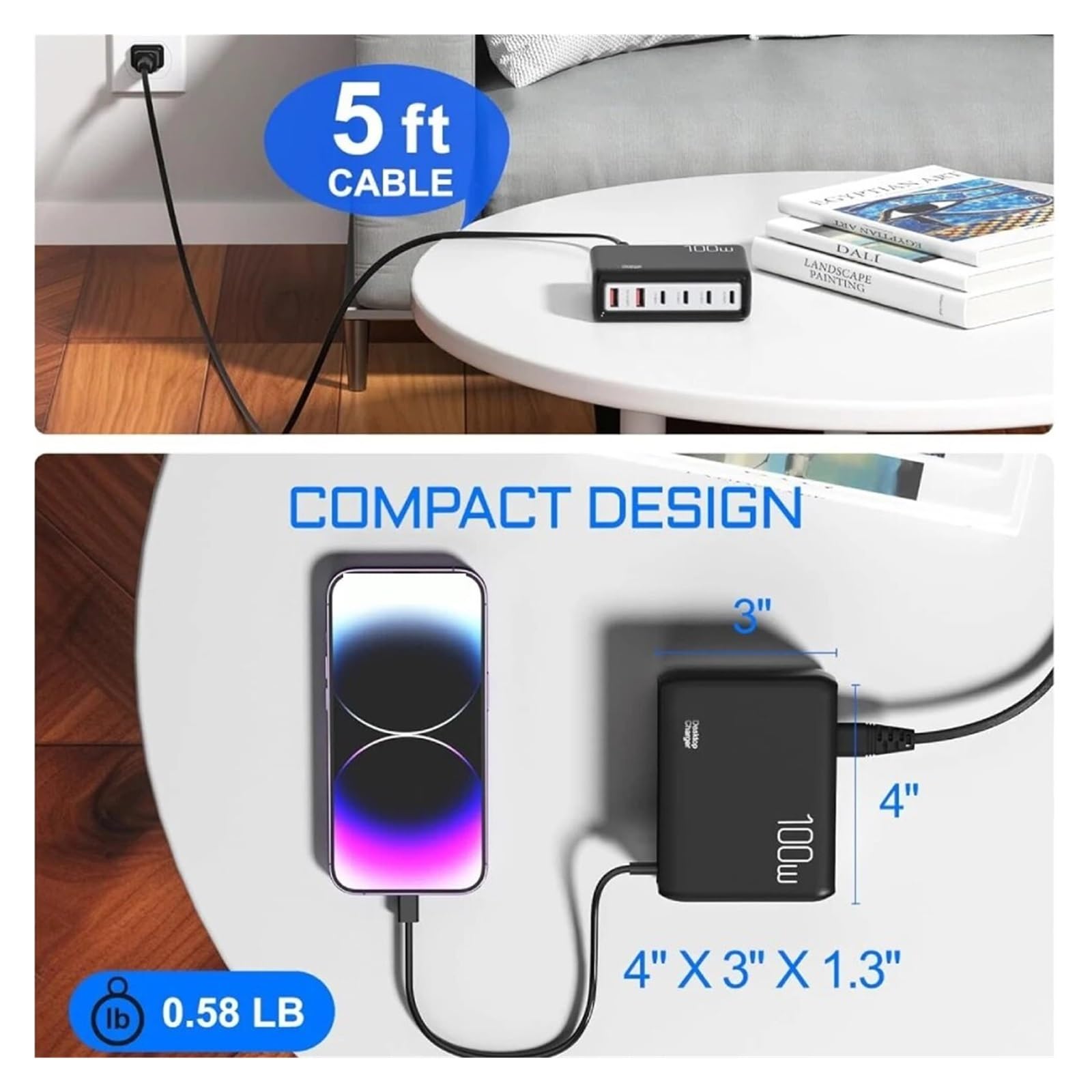Ładowarka USB 100 W Typu C PD Szybkie Ładowanie Wiele 6 Portów Stacja Ładująca Biurkowa Do Telefonu MożLiwość Szybkiego łAdowania(Black)