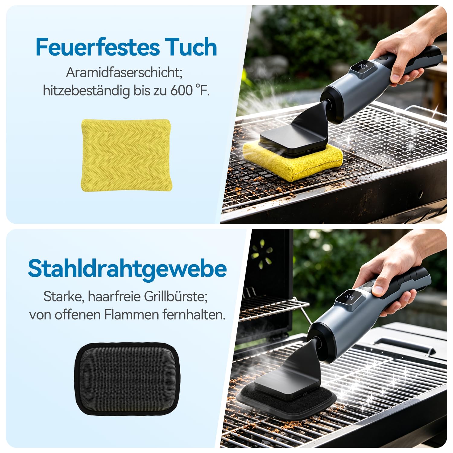 Ombrex Grillbürste Elektrisch Elektrische Grillbürste - Borstenfreie Reinigungsbürste ohne Borsten mit Vertikaler Druck-Technologie, 4h Akku, Kabellos, Wasserdichtes für alle Grillarten & Grillroste