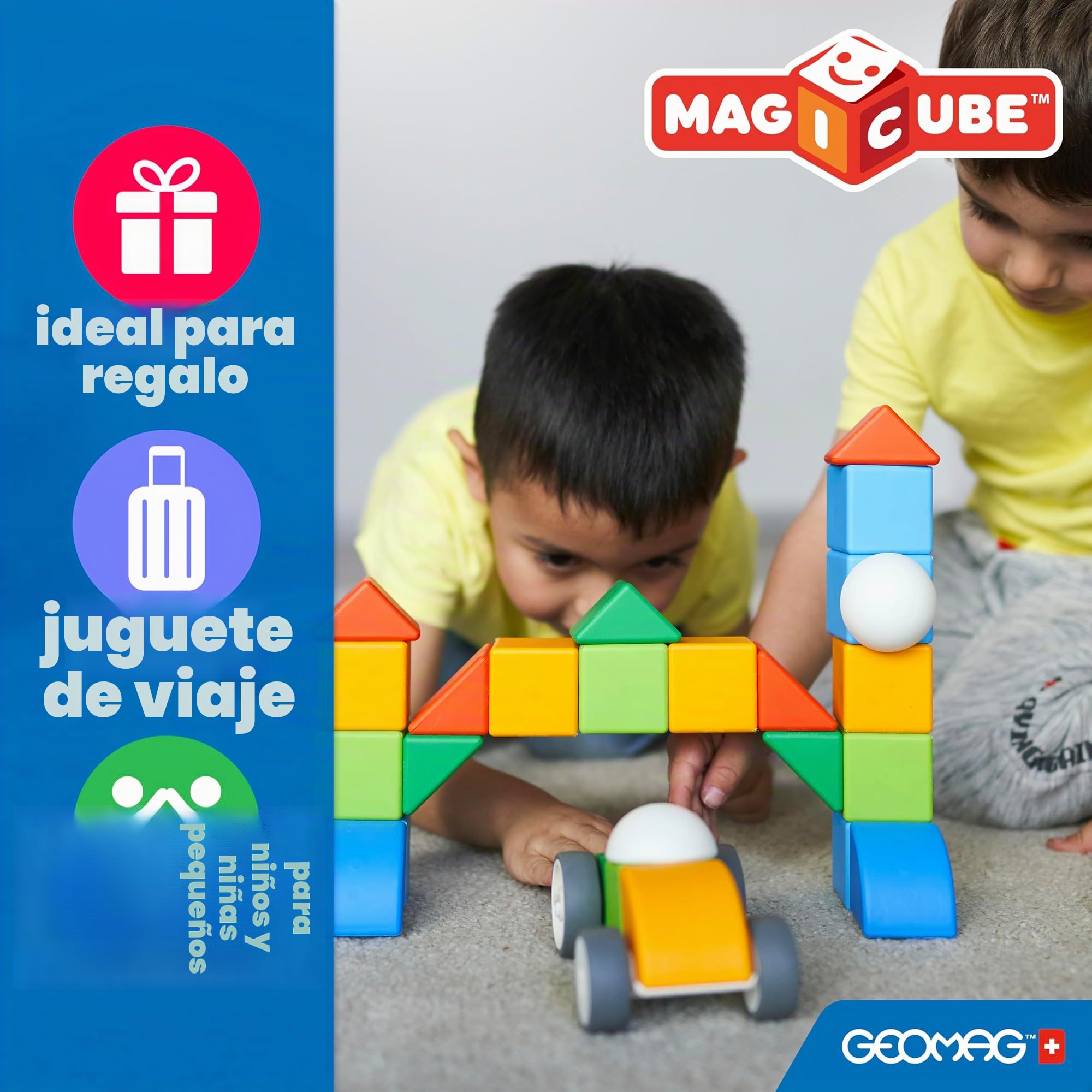 Geomag Magicube Full Color, Bloques de Construcción Magnéticos para Niños a Partir de 1 Año – Juego de 64 Bloques de 4 Colores Hechos de Plástico 100% Reciclado