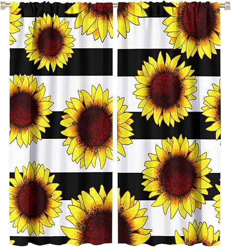 Cortinas de ventana con diseño de girasoles de color amarillo con fondo a rayas blancas y negras, cortinas opacas con bolsillo para barra, cortinas