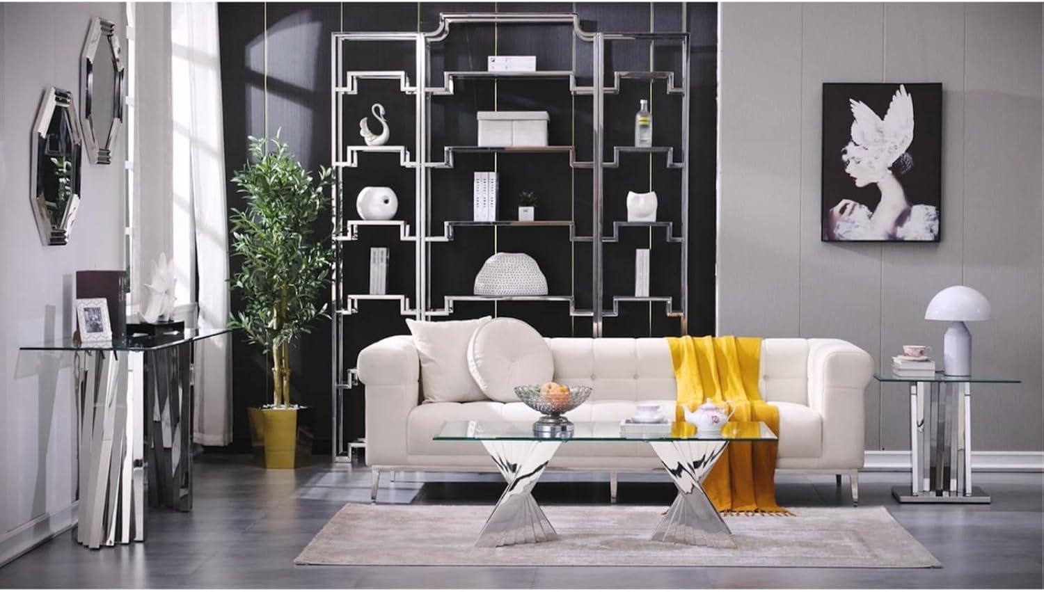 Modern Coffee Table, Clear Glass Living Room Coffee Table with Silver Geometric Base