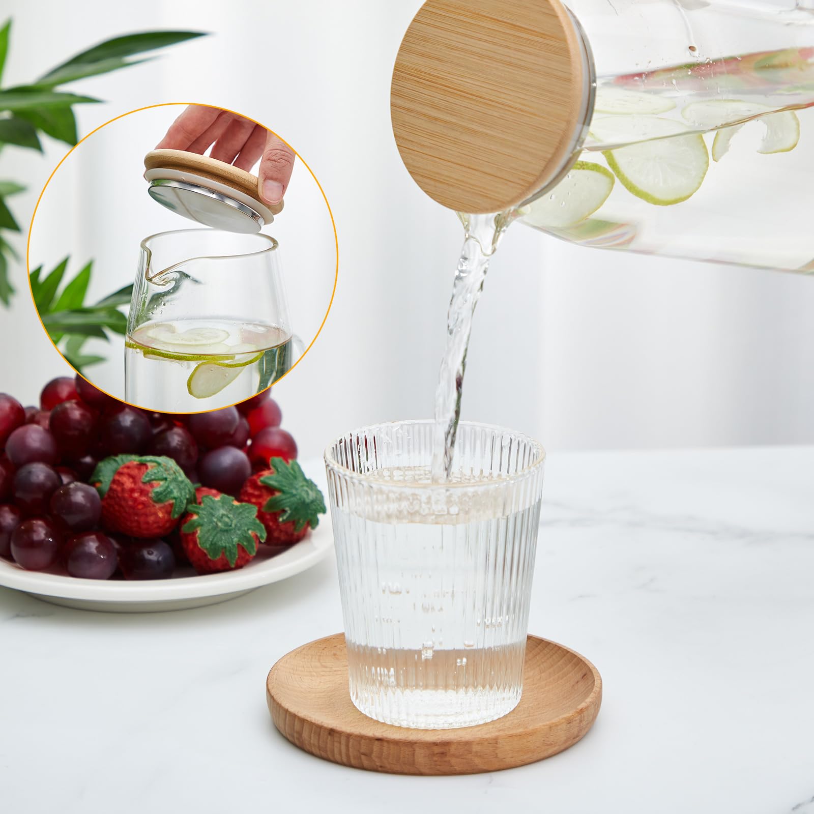 Hsei Set di 2 brocche in vetro con coperchio, 2000 ml, caraffa per acqua calda e fredda, brocca in vetro per tè, succo, latte, caffè, bevande ghiacciate (2 l)