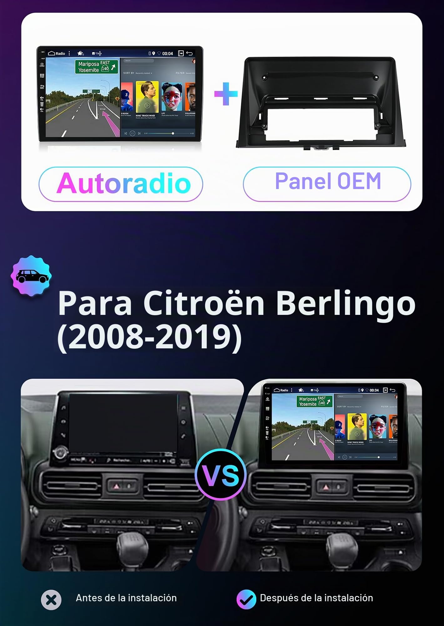 【2+64G】 Android 16 Autoradio con navi para Citroen Berlingo 2018-2020-Incorporado CarPlay/Android Auto/GPS-IPS 2.5D 10.1" Pantalla-Dab/Bluetooth 5.0/Control del Volante/USB/WiFi/MirrorLink/4G