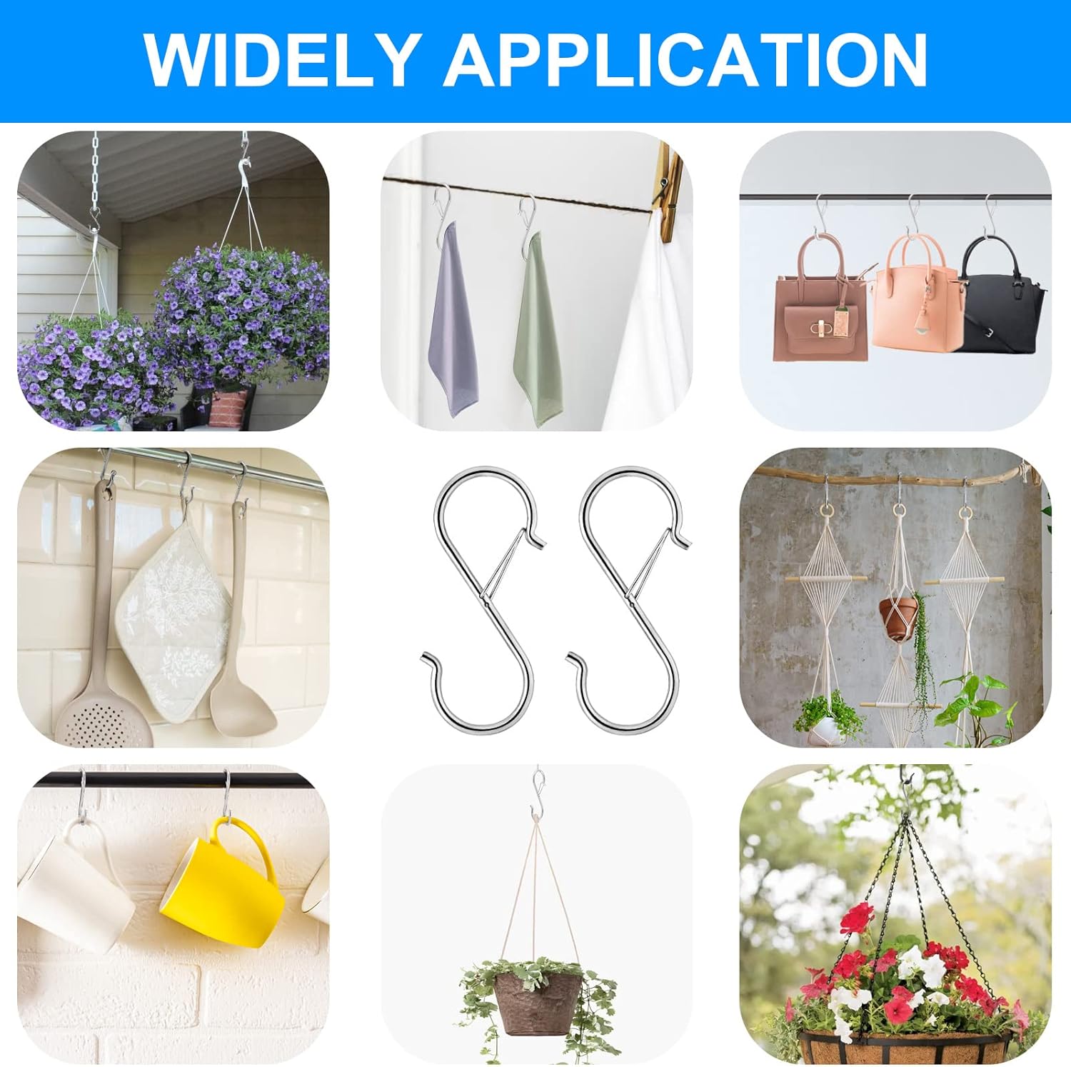 10 Pack S Shaped Hooks Metal for Hanging Heavy Duty Large Black 9 cm Long with Safety Buckle for Pan Utensil Closet Rod Outdoor Lights Kitchenware Bathroom Garden Office Plant Silver
