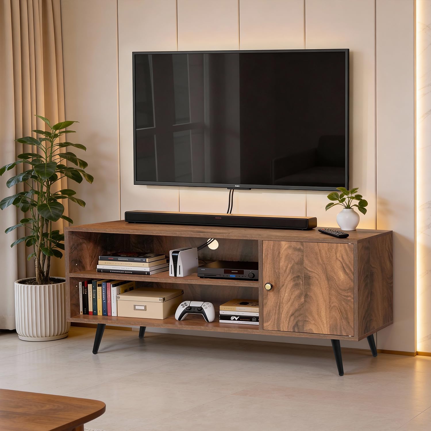 ABOUT SPACE TV Unit - Engineered Wooden TV Stand Table with Cable Hole, Cabinet with Door, Adjustable Shelf for WiFi Router Stand for Living Room, Bedroom (Walnut- L 120 x B 40.5 x H 55 cm)