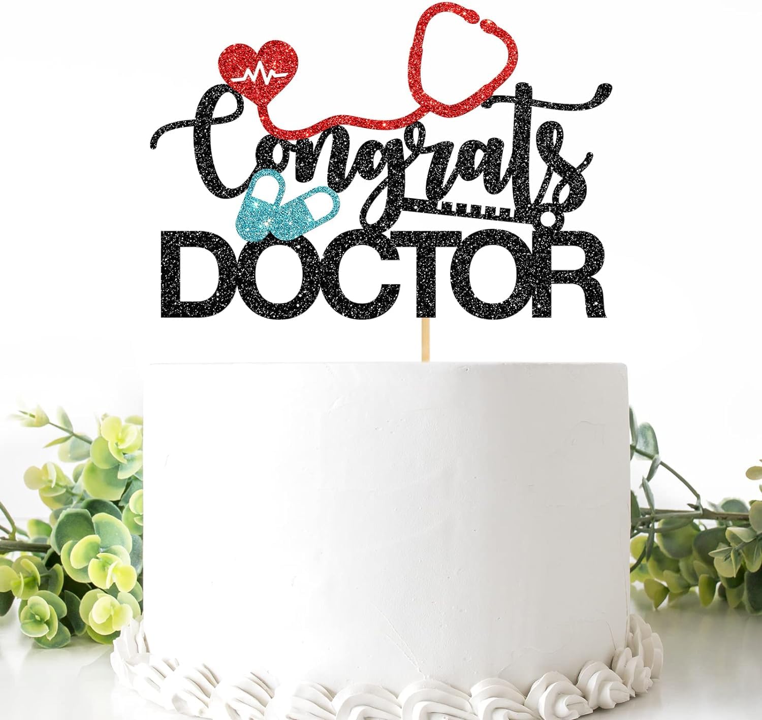 Confetti! Congrats Doctor Cake Topper - Medical School Graduated Cake Decorations - Doctor Grad Party Supplies - Glittery Black