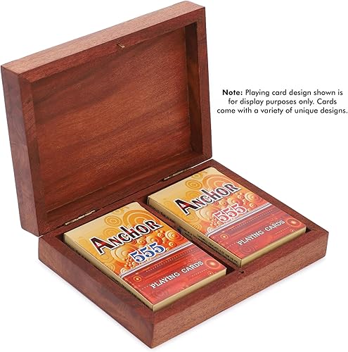 Miniatura 2 de Ajuny Caja decorativa hecha a mano de madera de doble cubierta para cartas, estuche organizador de latón con incrustaciones de latón con 2 paquetes