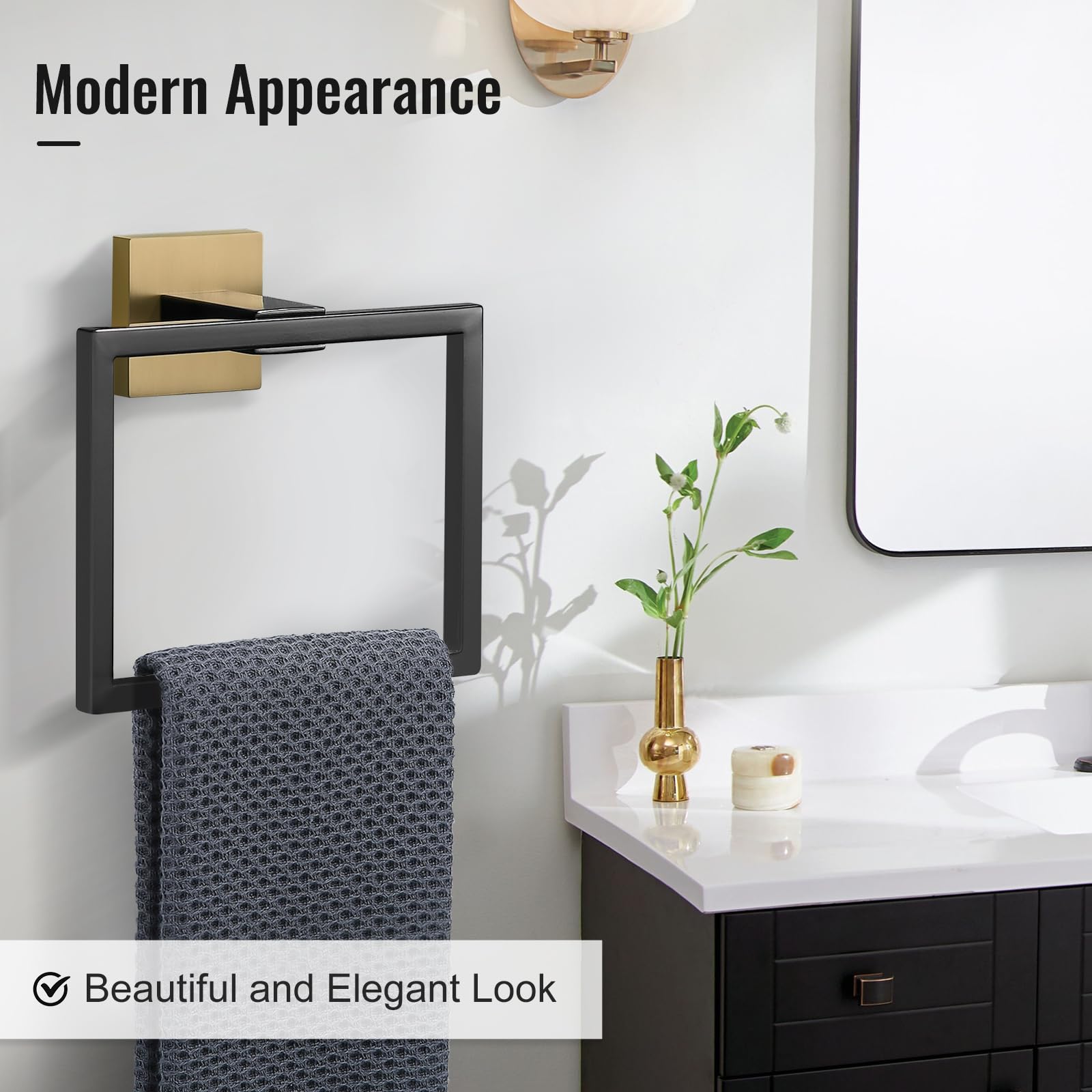 YACVCL Towel Holder Bathroom Towel Ring, Black & Gold Hand Towel Bar, Stainless Steel Towel Rack Wall Mounted - Image 2