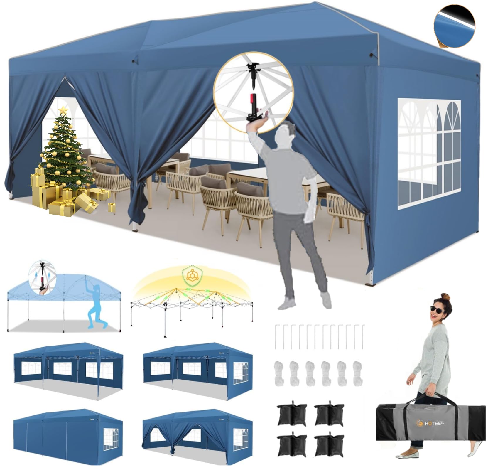 HOTEEL Pop-Up-Zelt mit Mittelschloss, 3 x 6 m, einfach aufzubauen, Baldachin mit 6 Seitenwänden, 4 Sandsäcken, wasserdichte Zelte für Partys, Hinterhof, Veranstaltungen, Himmelblau