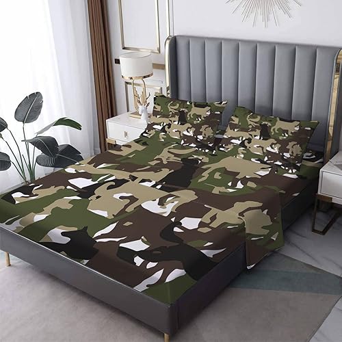 zcsm Juego de sábanas de camuflaje tamaño Queen sábanas de cama de camuflaje militar microfibra suave bolsillo profundo y sábanas y fundas de