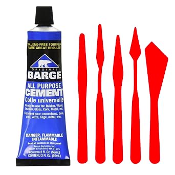 Barge Contact Cement Adhesive All Purpose 2oz with Pixiss Paste Spreaders 5pcs - Water Resistant & Toluene-Free Quick Dry Cement - Barge Cement for Shoes, Vinyl, etc. with 5pc Glue Spreader Set