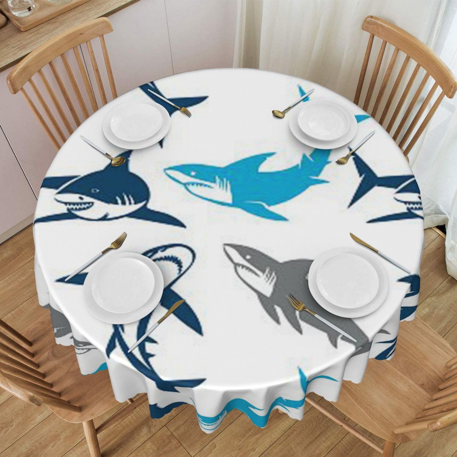 DCEHGEW 60 In Round Tablecloth with Lace, Sharks Printed Oilproof & Washable Fabric Picnic Table Cloth Table Covers