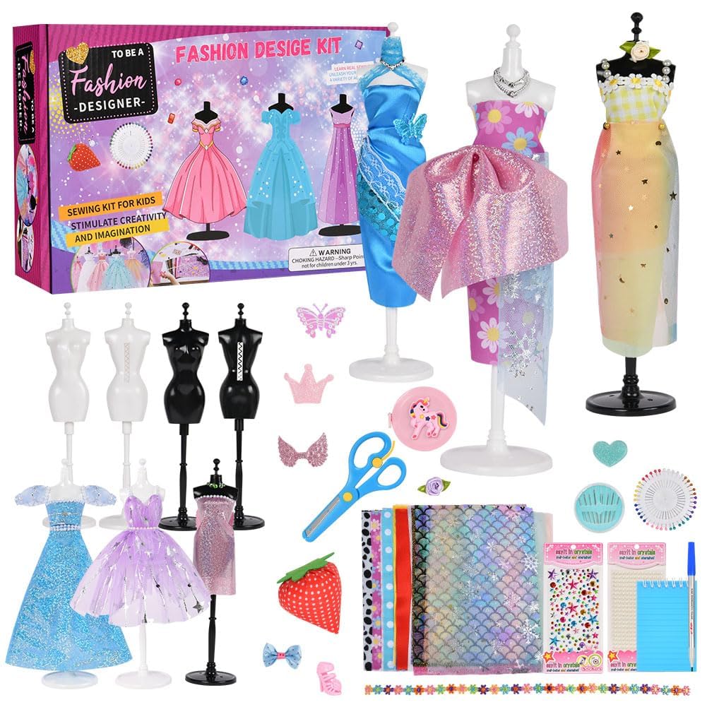 Aomig Modedesign Mädchen, Fashion Designer Studio Bastelset Kinder, DIY Kunst und Bastelset Nähsets Lernspielzeug mit 4 Mannequins, 600PC+ DIY Sewing Crafts Geschenke Mädchen 6-12+ Jahre