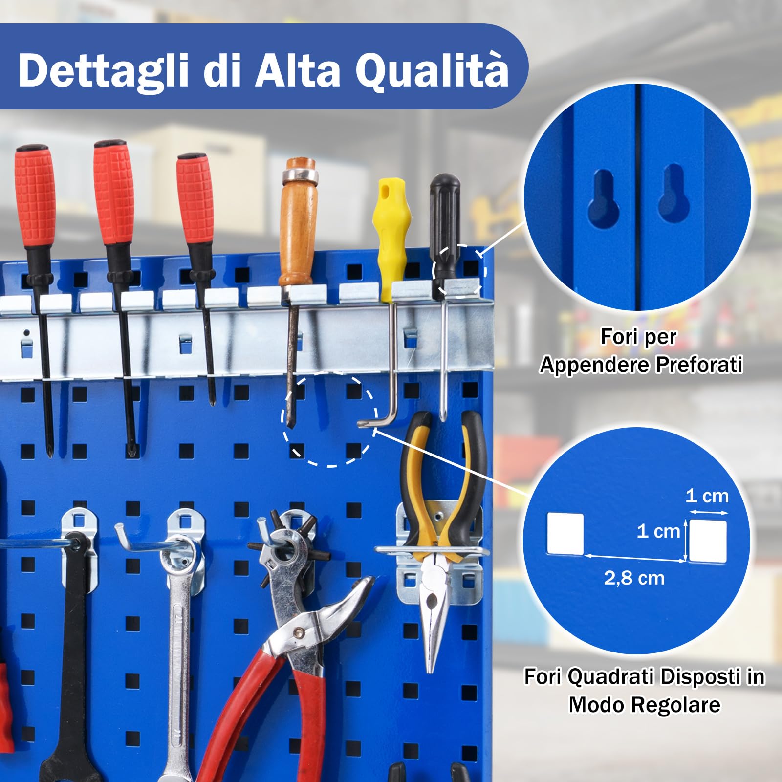 COSTWAY Kit 3 Pannelli Porta Attrezzi da Parete 60 x 40 cm, Pannello Forato Portaoggetti con 24 Ganci e Supporti, Pannello Portautensili per Officina e Garage (Blu)