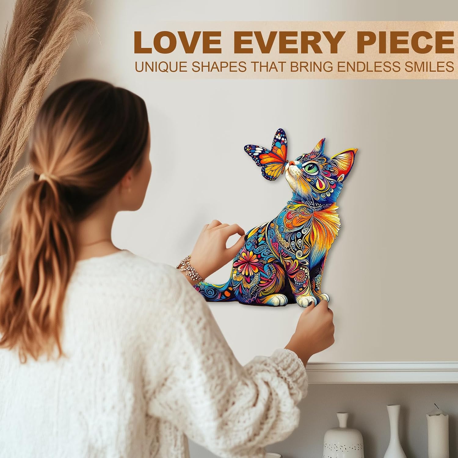 WOODBESTS Wooden Puzzles for Adults, Butterfly Cat Wooden Jigsaw Puzzle for Adults, Unique Animal Shape Wood Puzzles Adult, Xmas & Birthday Gifts for Puzzles Lovers (80 pcs, S, 8.5 * 8.3in)