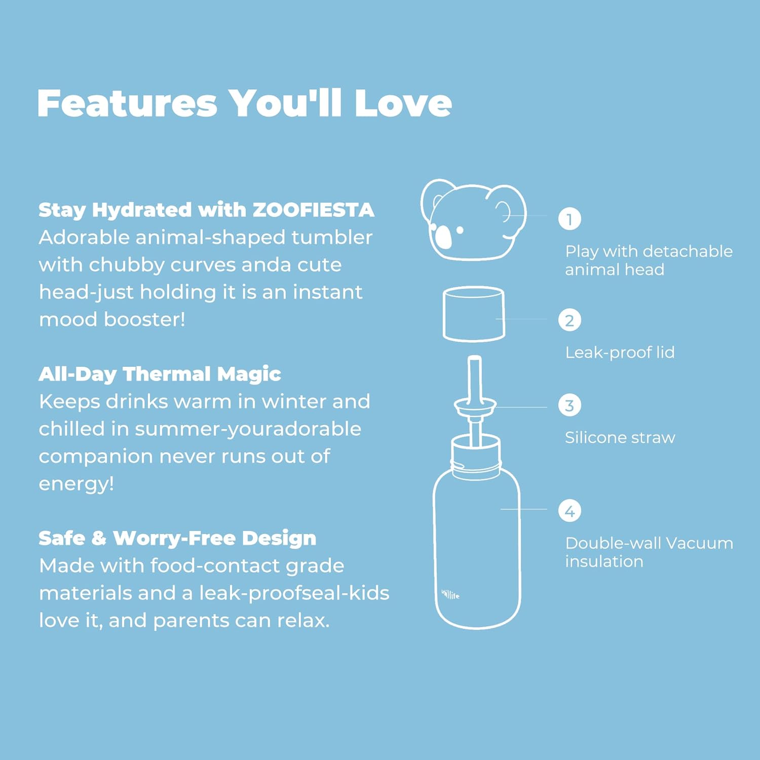 Insulated Stainless Steel Tumbler with Detachable Soft Animal Head,Leakproof BPA-Free,15.2oz Kids Water Bottle with Straw for School and Travel(Koala) - Image 4