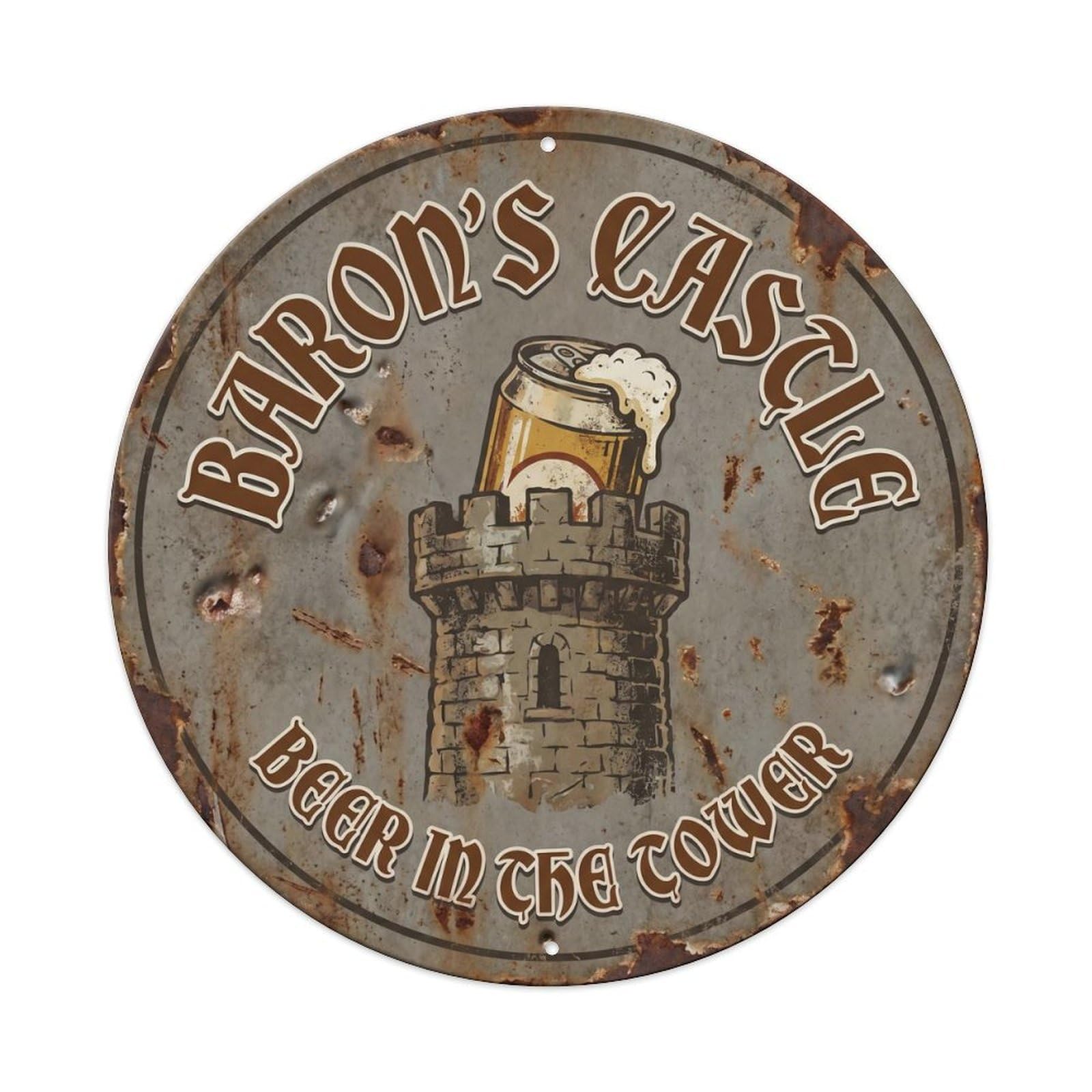 Baron Castle Basement Beer Metal Tin Sign Plaque Wall Decor for Cafe, Club Bar, Office, Home Garden Round Metal Poster 8x8Inch