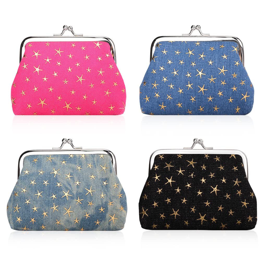 Oyachic 4 Pcs Small Coin Purse,Star Change Purse for Women,Denim Coin Pouch,Vintage Wallet with Kiss Lock Clasp