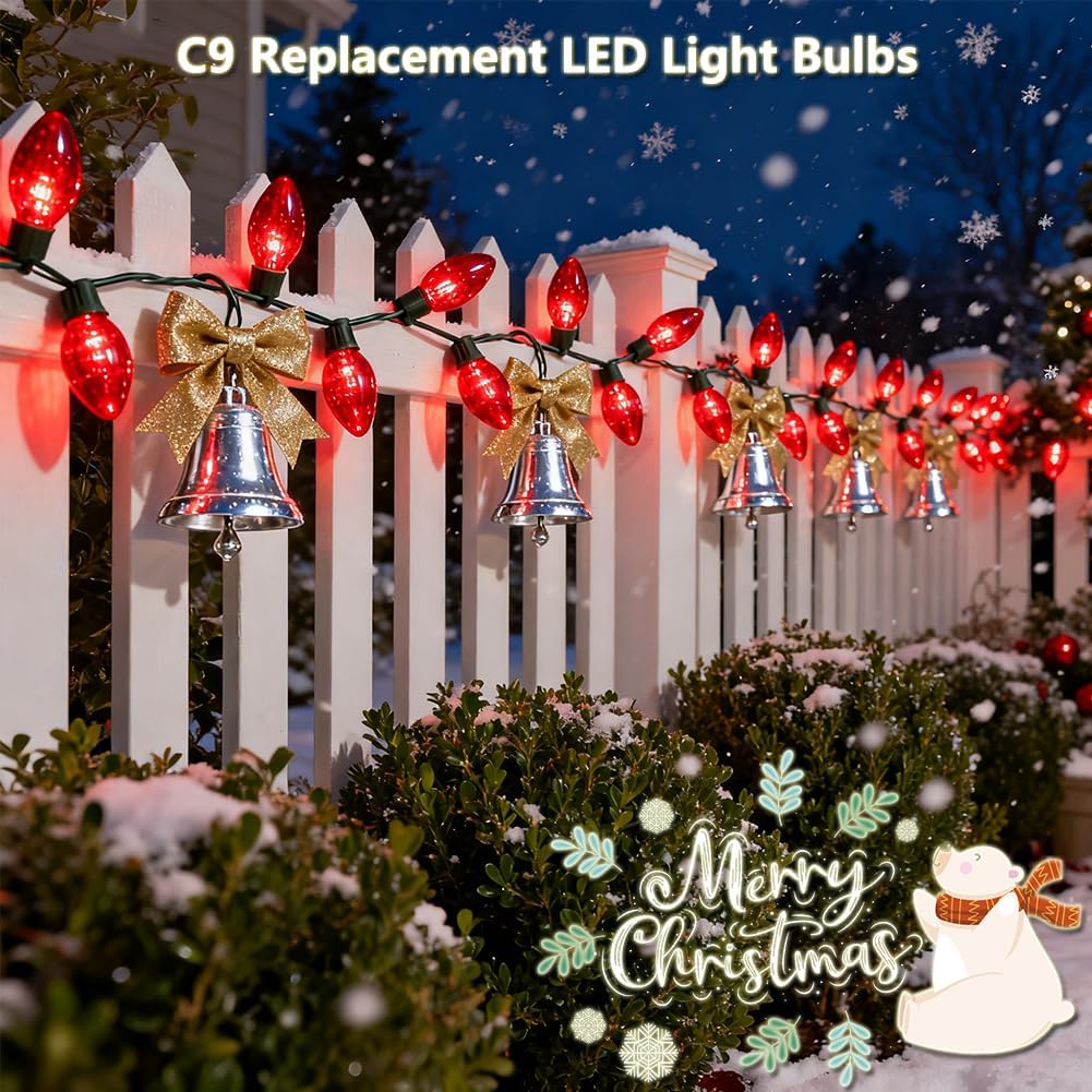 50 Pack C9 LED Christmas Light Bulbs, C9 Replacement Bulbs for Christmas String Lights, Shatterproof Dimmable C9/E17 Base Sockets, Red