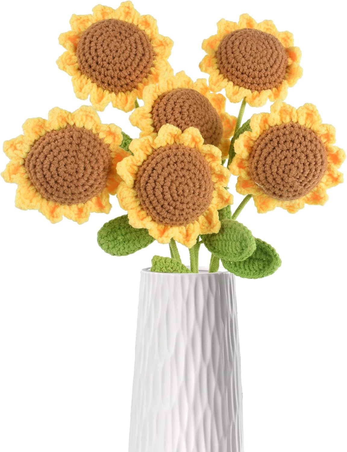 6pcs Crochet Sunflowers with Leaves, Long Stem Handmade Knitted Sunflower Branches