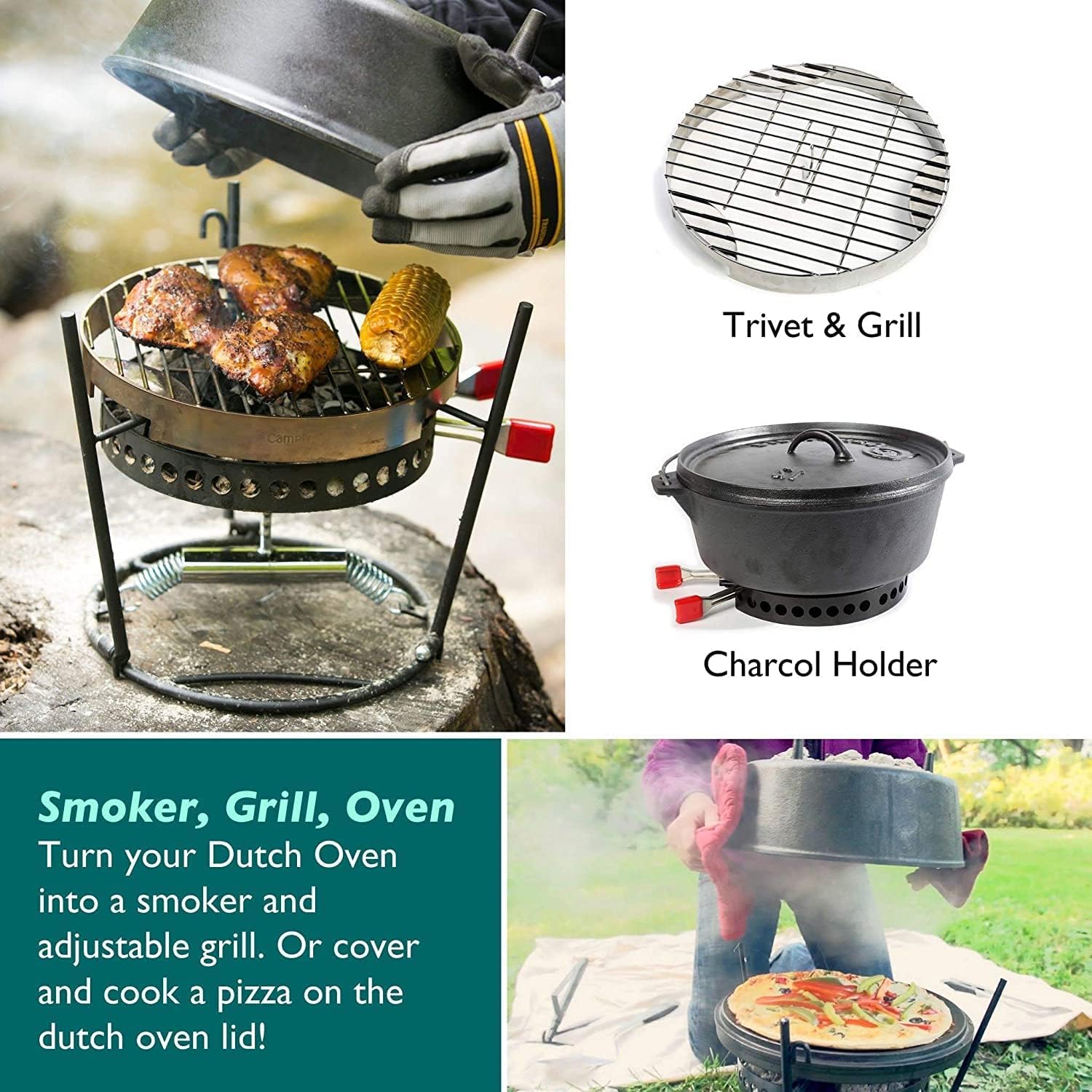 CampMaid Outdoor-Kochset - Dutch Oven und Tools Set - Kohlehalter & Gusseisen Grillzubehör - Camping Grillset - Outdoor Cooking Essentials - Campingküchenausrüstung - (6-teiliges Set)