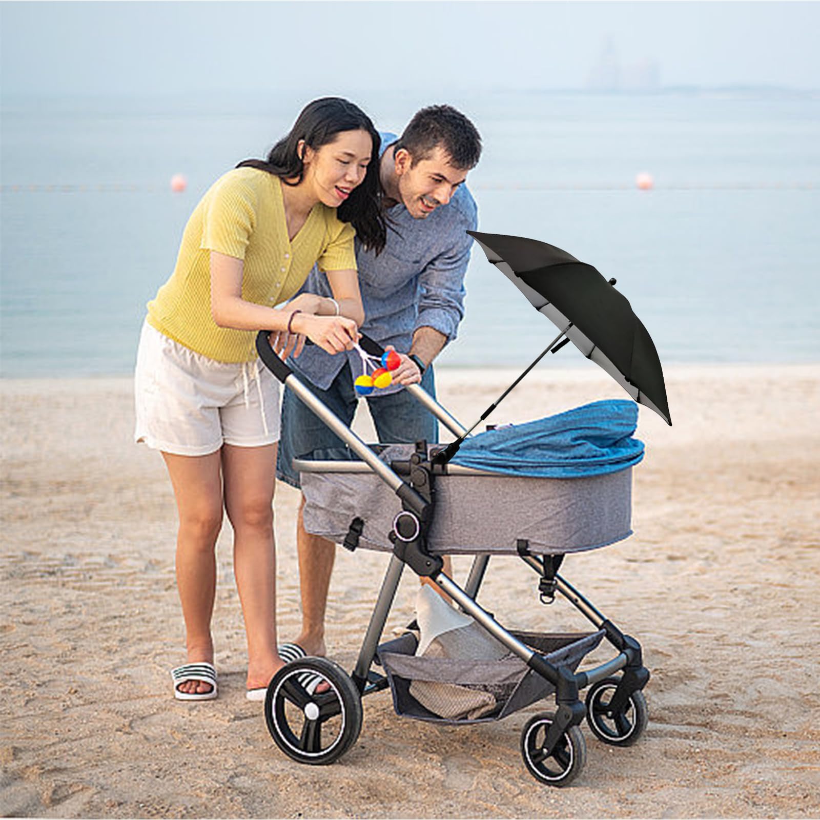 Ombrellino Passeggino Universale, Ombrellino Parasole Passeggino Anti UV 50+, Ombrello Parasole Passeggino con Un Manico, Ombrellone per Passeggino per Carrozzina e Passeggino-Nero