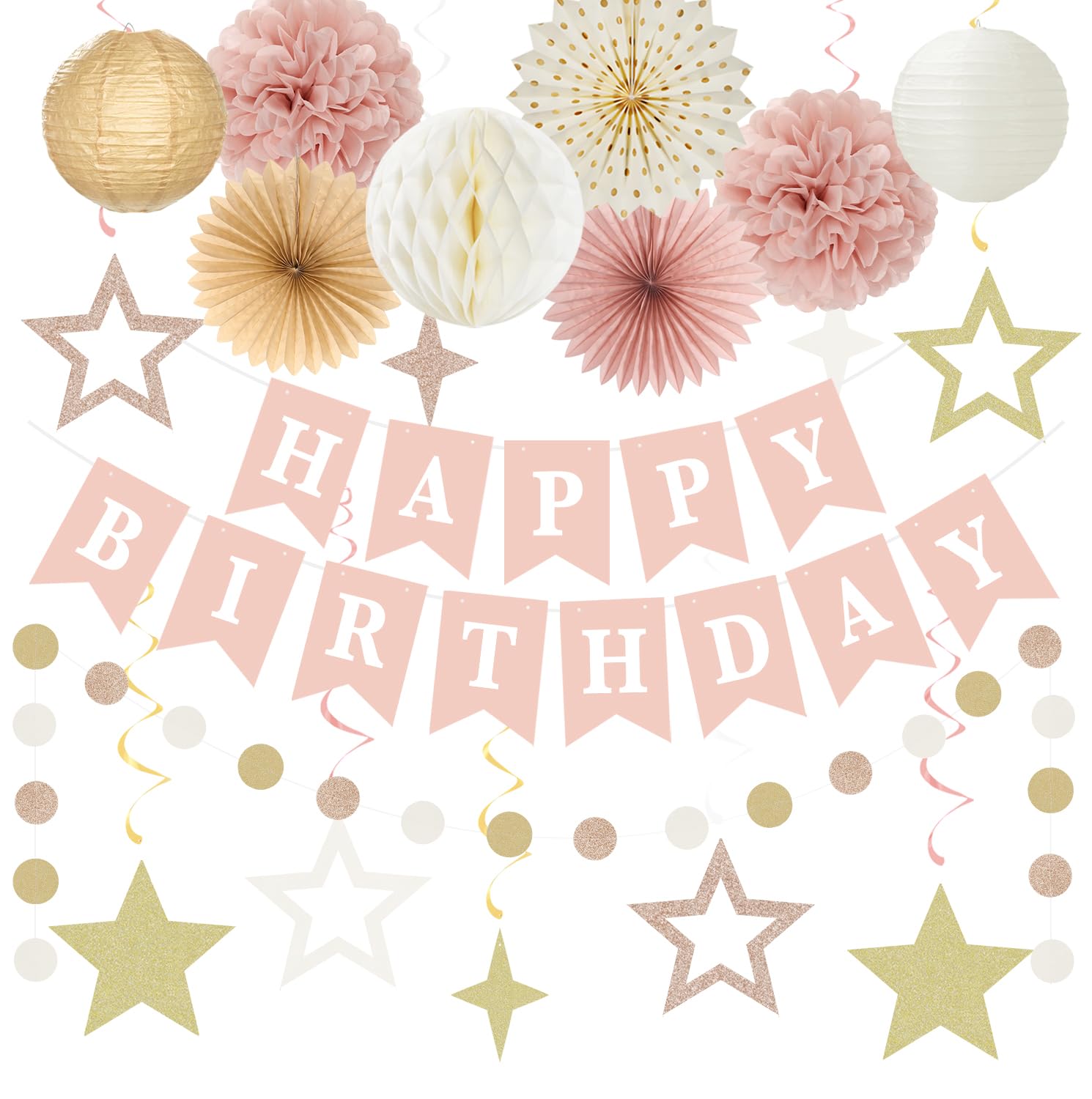 Pink Rose-Gold Party Decorations - 19pcs Boho Birthday Kit -1