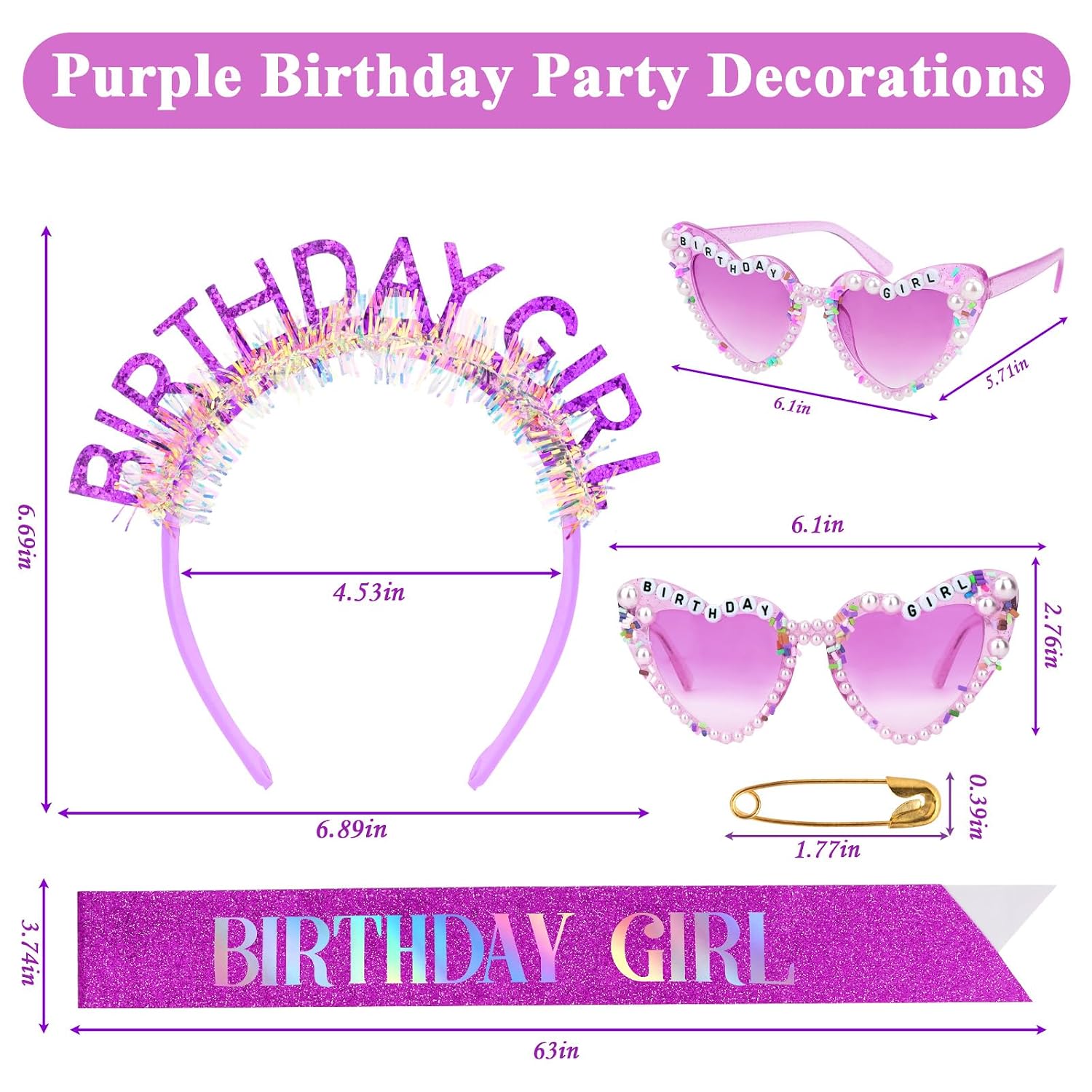Jaciya Birthday Girl Sash, Headband & Sunglasses Set - Purple Glitter Birthday Party Accessories for Women