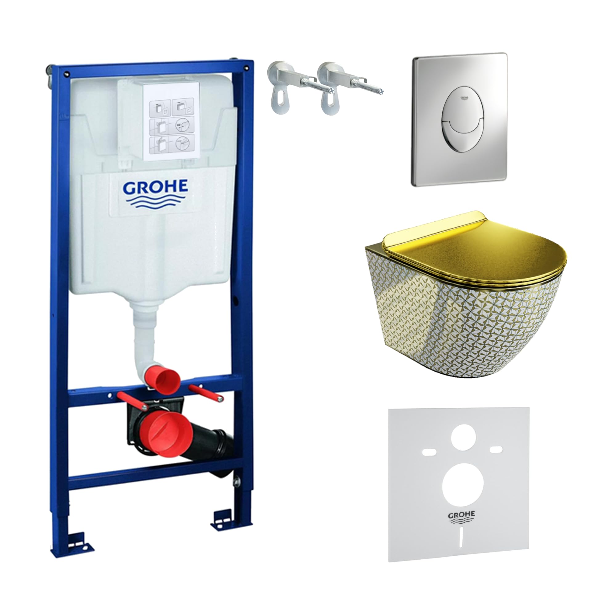 LAVITA Vorwandelement Solido Start + Wand Hänge WC Sofi Slim Golden Never Die Spülrandlos + WC Sitz mit Absenkautomatik Verchromter Knopf Komplettset Unterputz Spülkasten Toilette Komplett Sett WC
