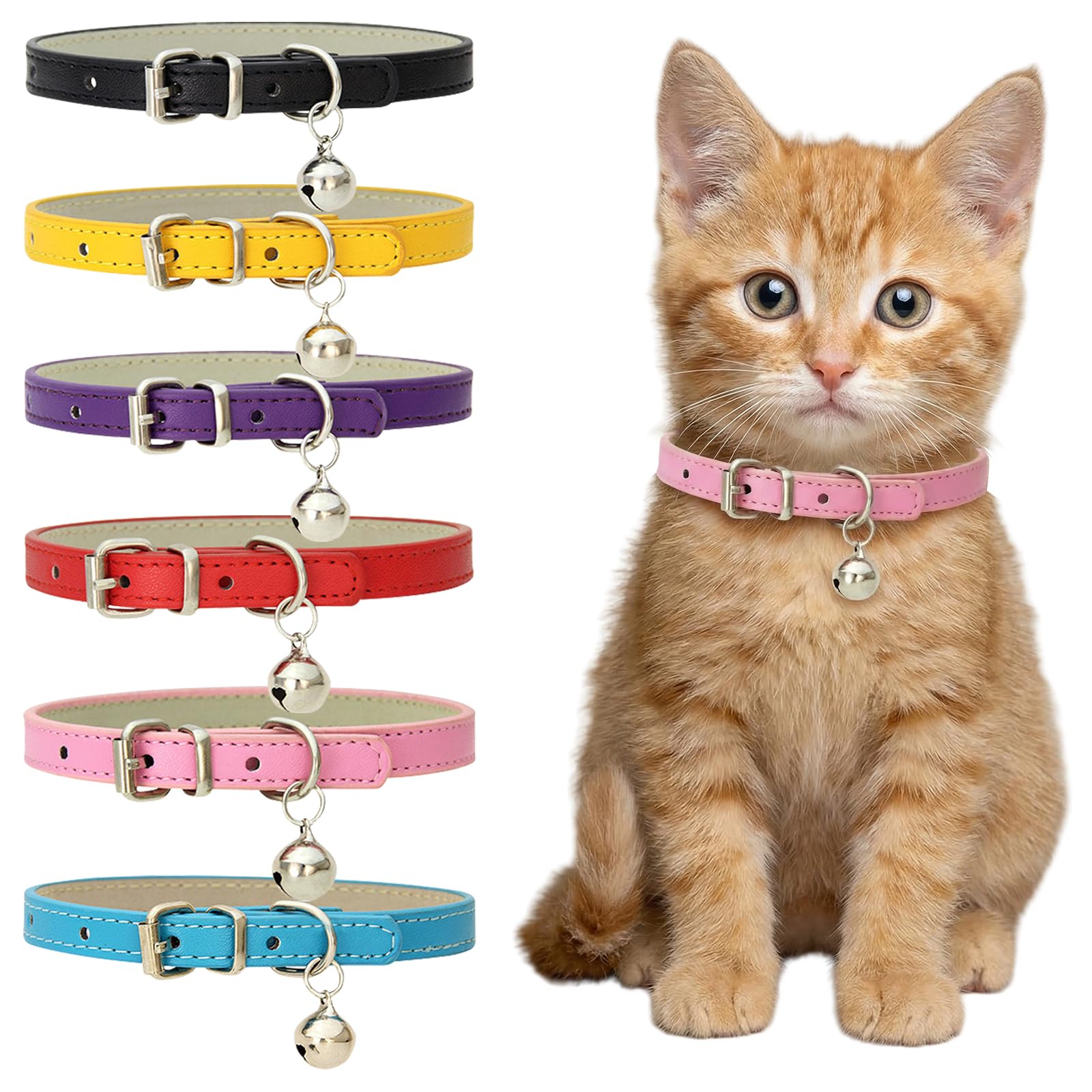 6 Paquetes Collar Gatoss, Collares para Gatos con Cascabeles, Collar para Gatoss, CCollar de Gato Ajustables de 20-28cm para Animales Pequeños, Collares de Piel para Gatos con Campana