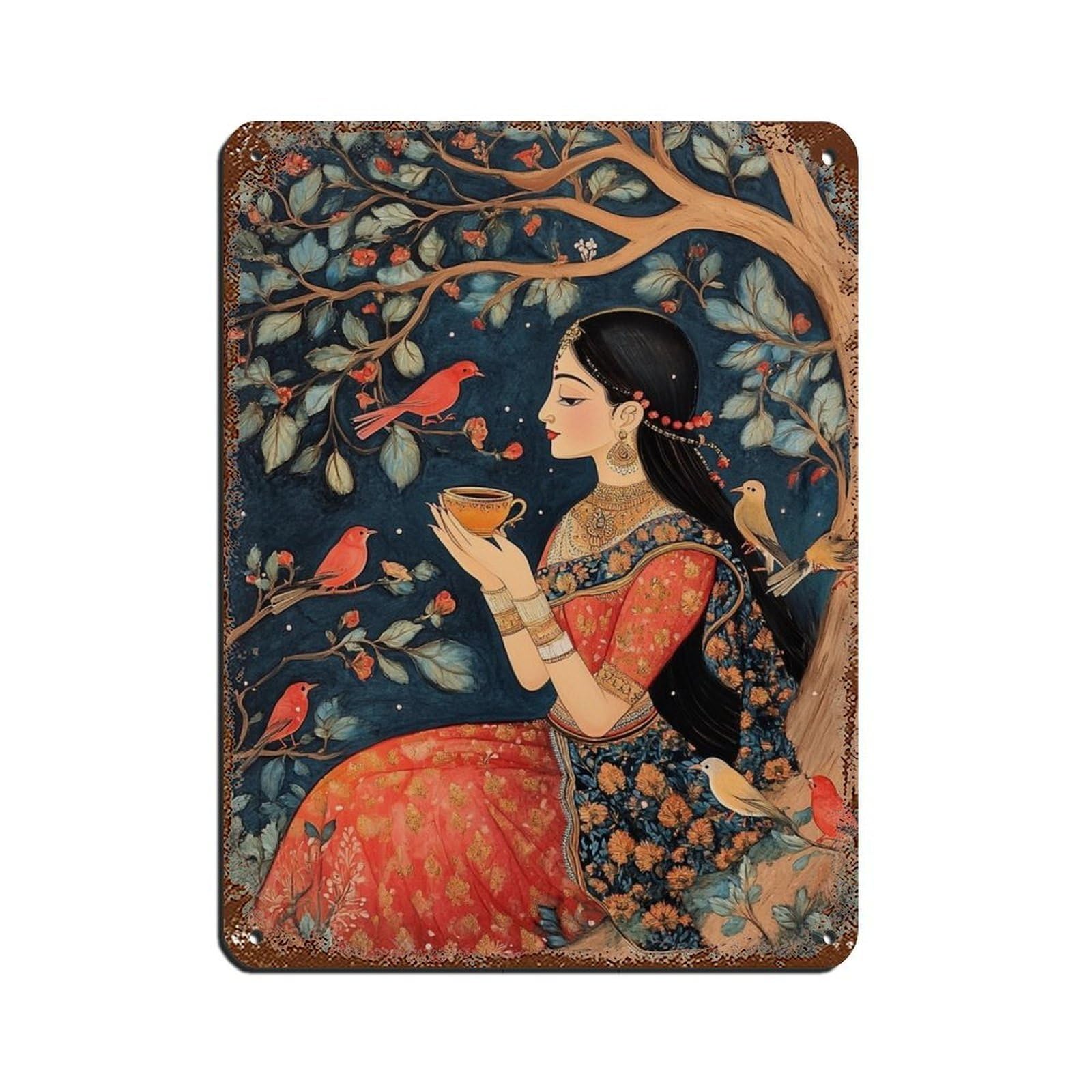Elegant Indian Woman,Traditional Mughal-Inspired Art Retro Poster Metal Tin Sign Chic Art Retro Iron Painting Bar People Cave Cafe Family Garage Poster Wall Decoration 12x16inch(30x40cm)
