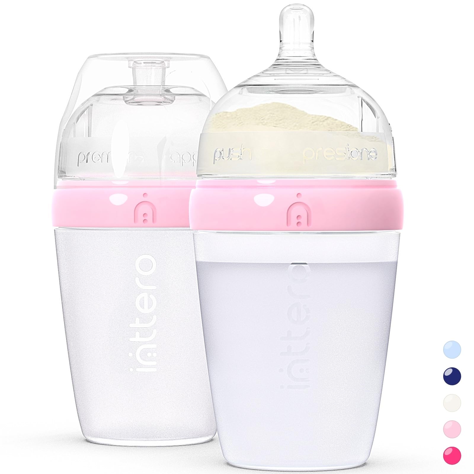 INTTEROAnti-Colic Formula Making Dispenser Baby Bottles, 9oz with Flow 2 Nipples, 2pk, Cute Pink — Formula Agitator on The go — PopYummy Mixie Baby Brezz
