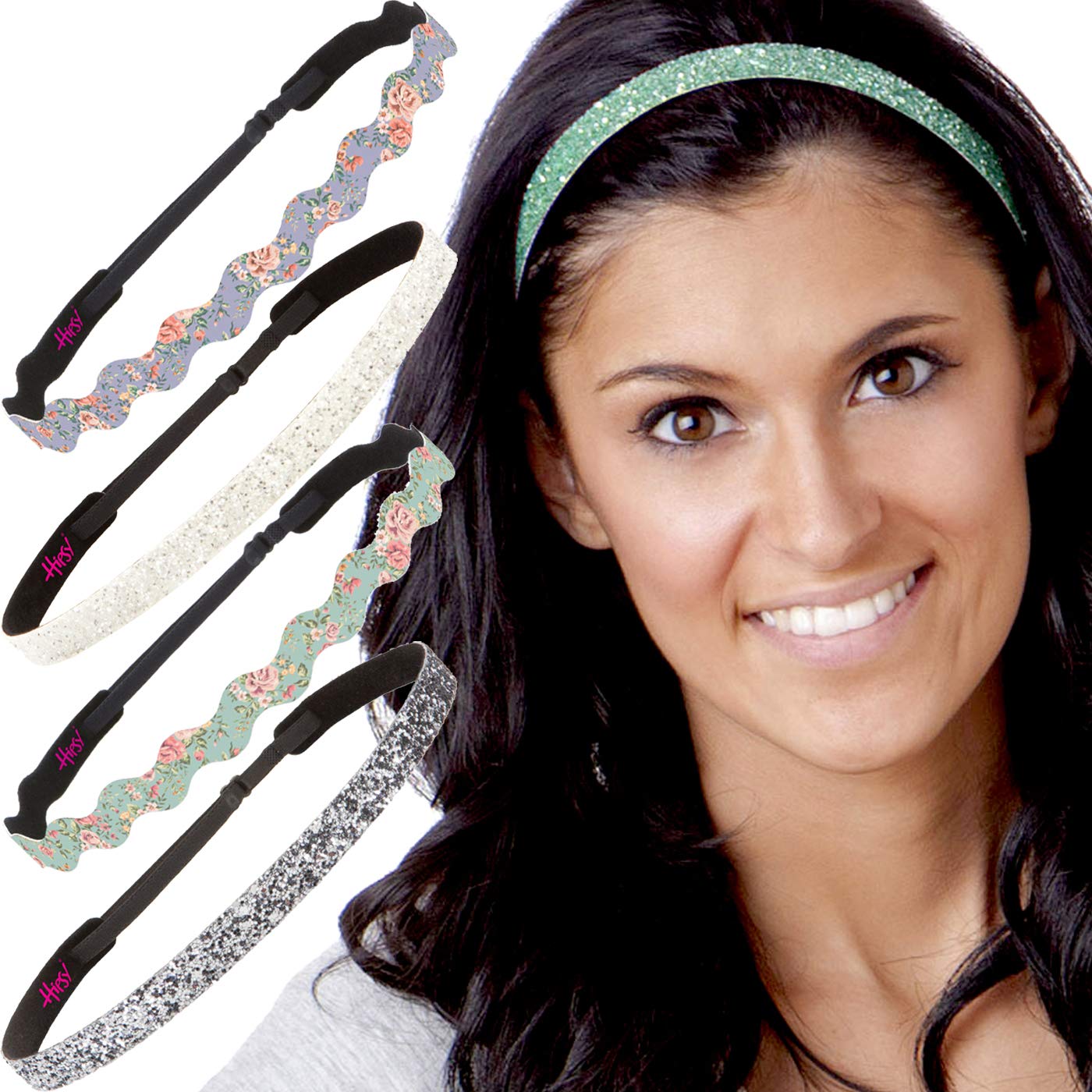 Hipsy Women's Adjustable NO SLIP Wave Country Flower Headbands (Wave Mint/Purple & Skinny Glitter 5pk)