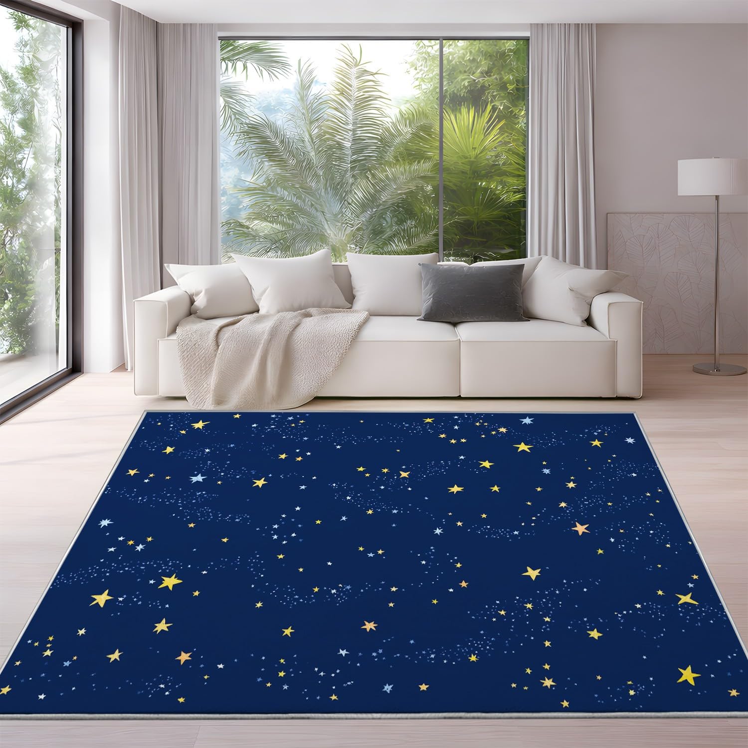 Genérico Alfombras de Pelo Corto 80 x 150 cm, Libro ilustrado Infantil Alfombras mullidas Estrellitas Sereno, Alfombra Niños Cielo Nocturno, Azul Amarillo
