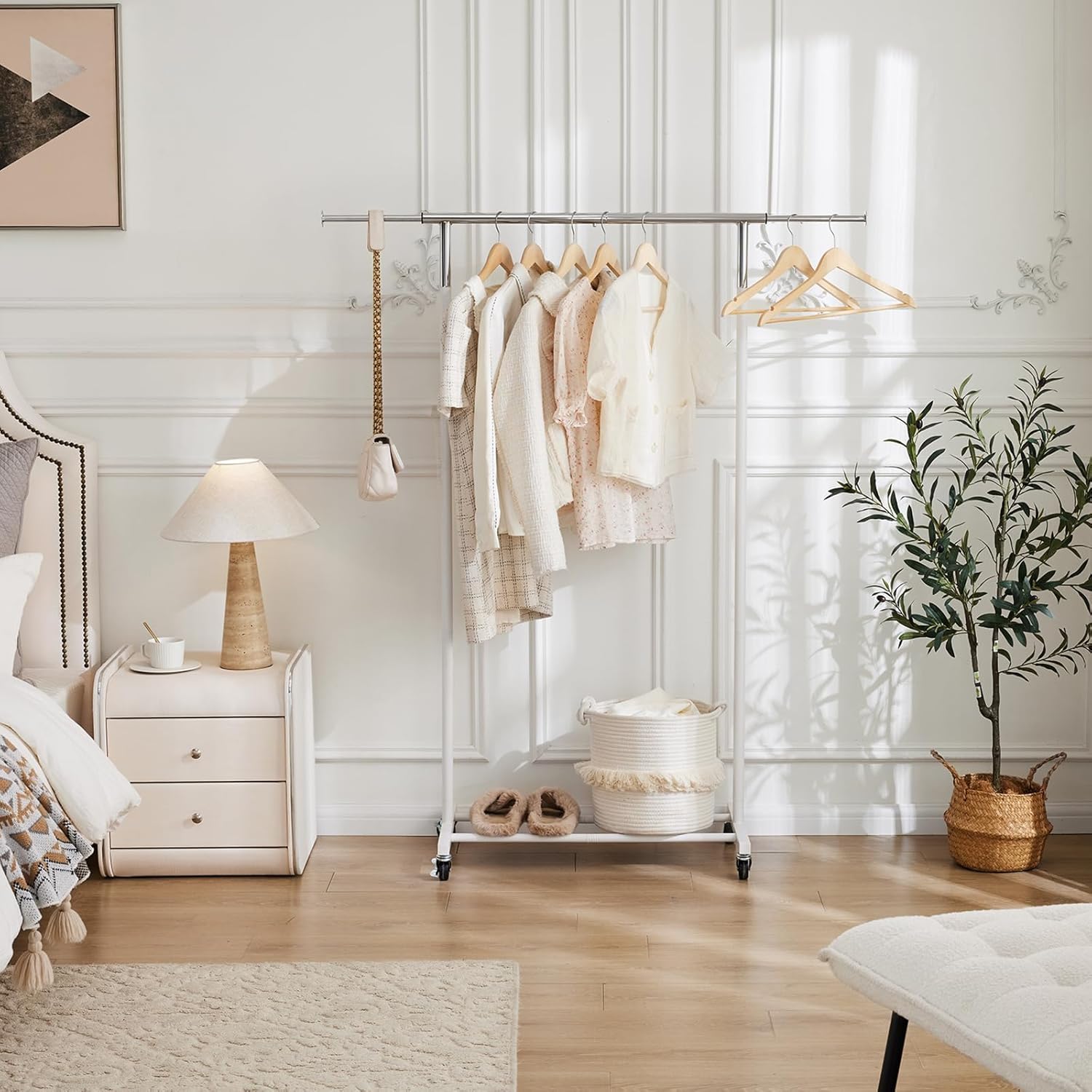 MAX Houser Standard Rod Clothing Garment Rack,Metal Rolling Clothes Organizer on Wheels for Hanging Clothes,Coats Skirts Shirts Sweaters,Extensible,White - Image 2