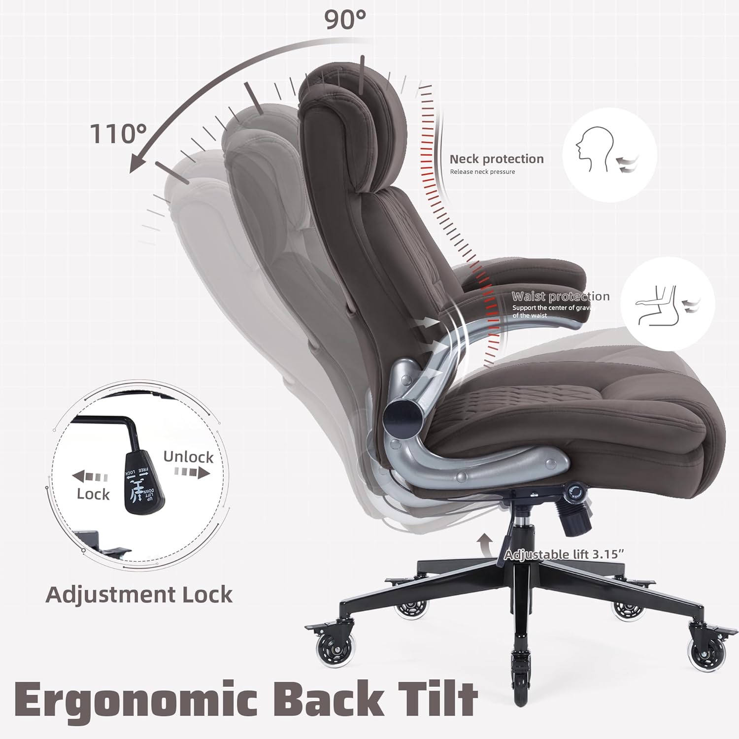 Large High Back Office Chair with Flip Arms- Executive Desk Chair with Locking Wheels, Adjustable Lumbar Support, Ergonomic Breathable Fabric Computer Chair Prevents Cats Scratching