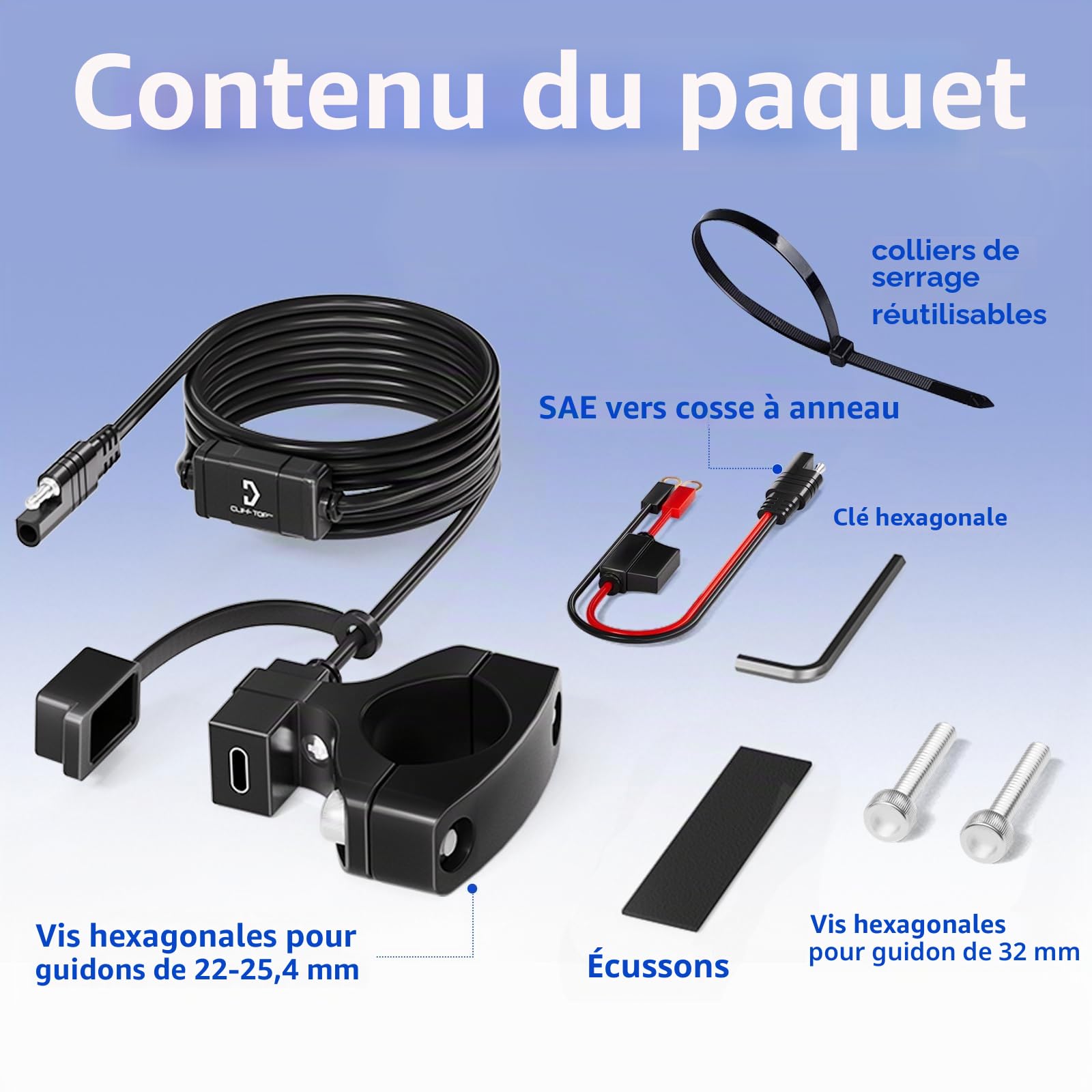 Cliff Top Chargeur USB étanche pour moto, 18 W PD USB-C, charge rapide, adaptateur SAE vers USB-C, port USB avec support de guidon de 22 à 32 mm pour moto, scooter, VTT, appareils téléphoniques
