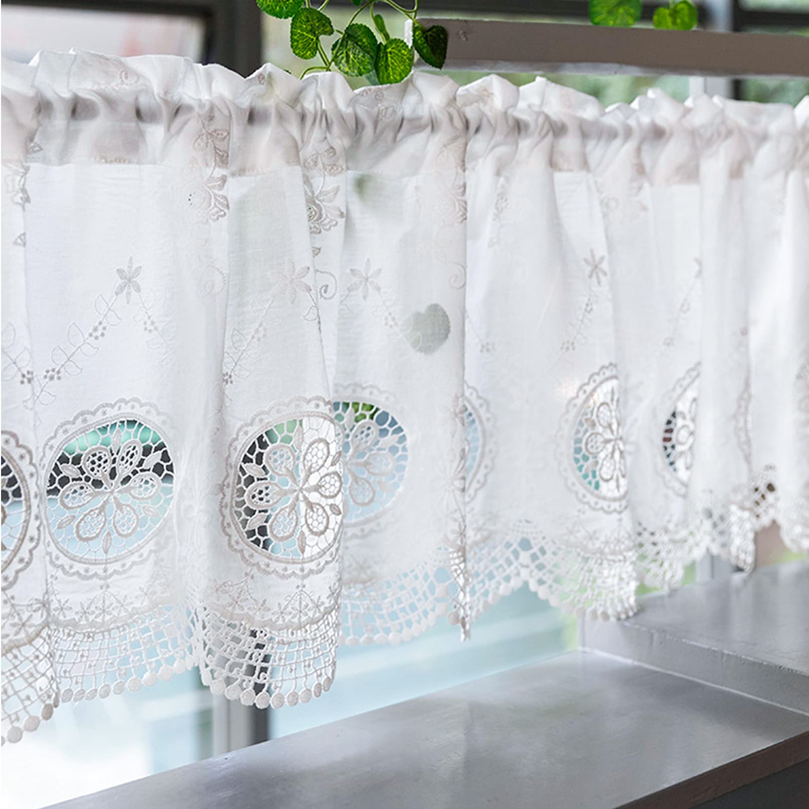 Rideau court pastoral dentelle blanc crème cantonnière à fleurs pour petite fenêtre