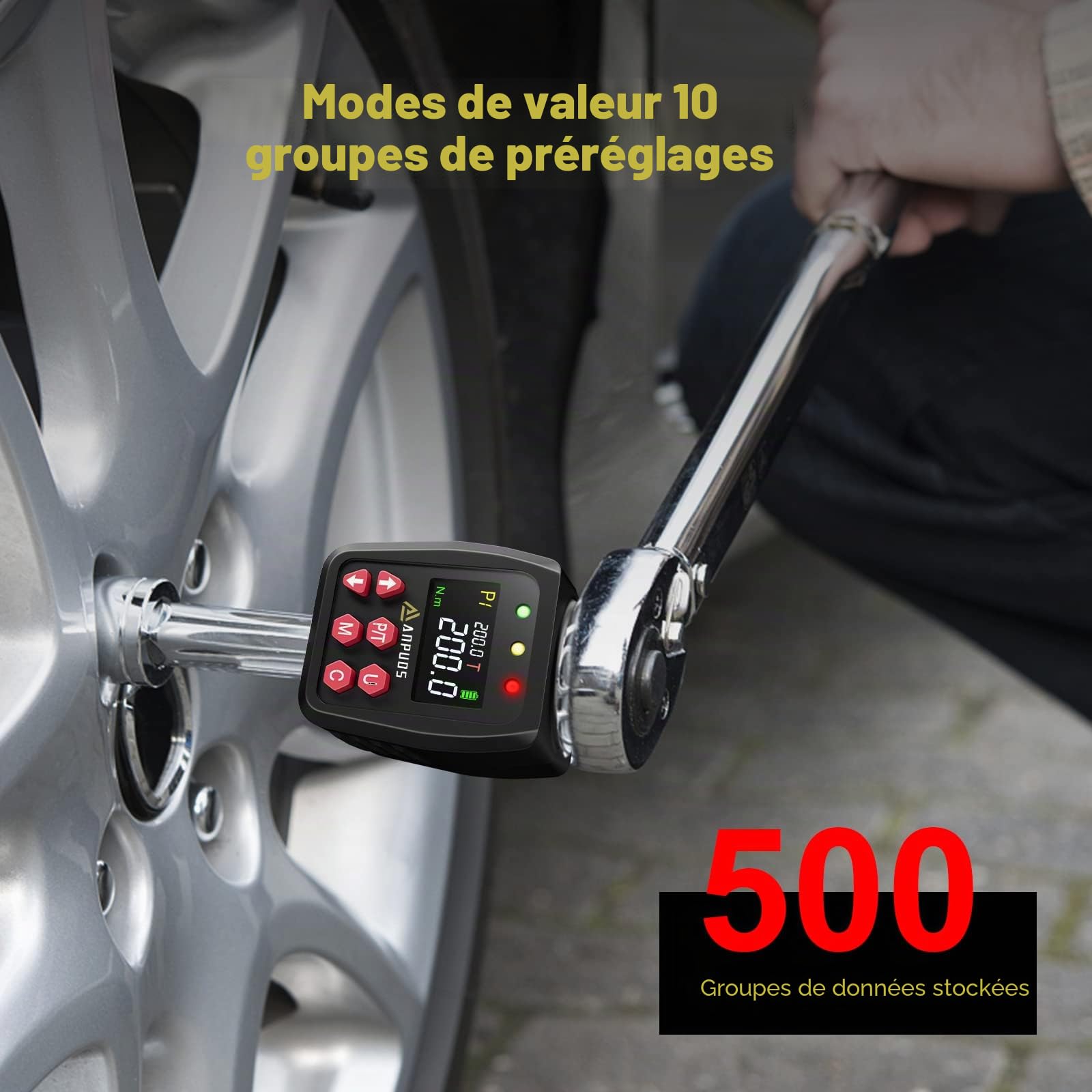 ANPUDS Adaptateur de Couple Numérique 1/2" 10-200Nm Clé Dynamométrique Précision ±1% Mode Préréglé Stockage Données LED Alerte Sonore