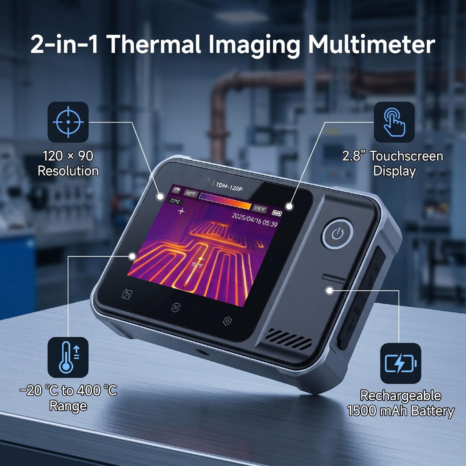 Garsent Multímetro Digital 2 en 1 con Imágenes Térmicas Resolución IR 120x90 50° FOV Pantalla Táctil de 2,8 Pulgadas Seguimiento de Puntos Fríos y Calientes Carga USB C para Climatización Eléctrica