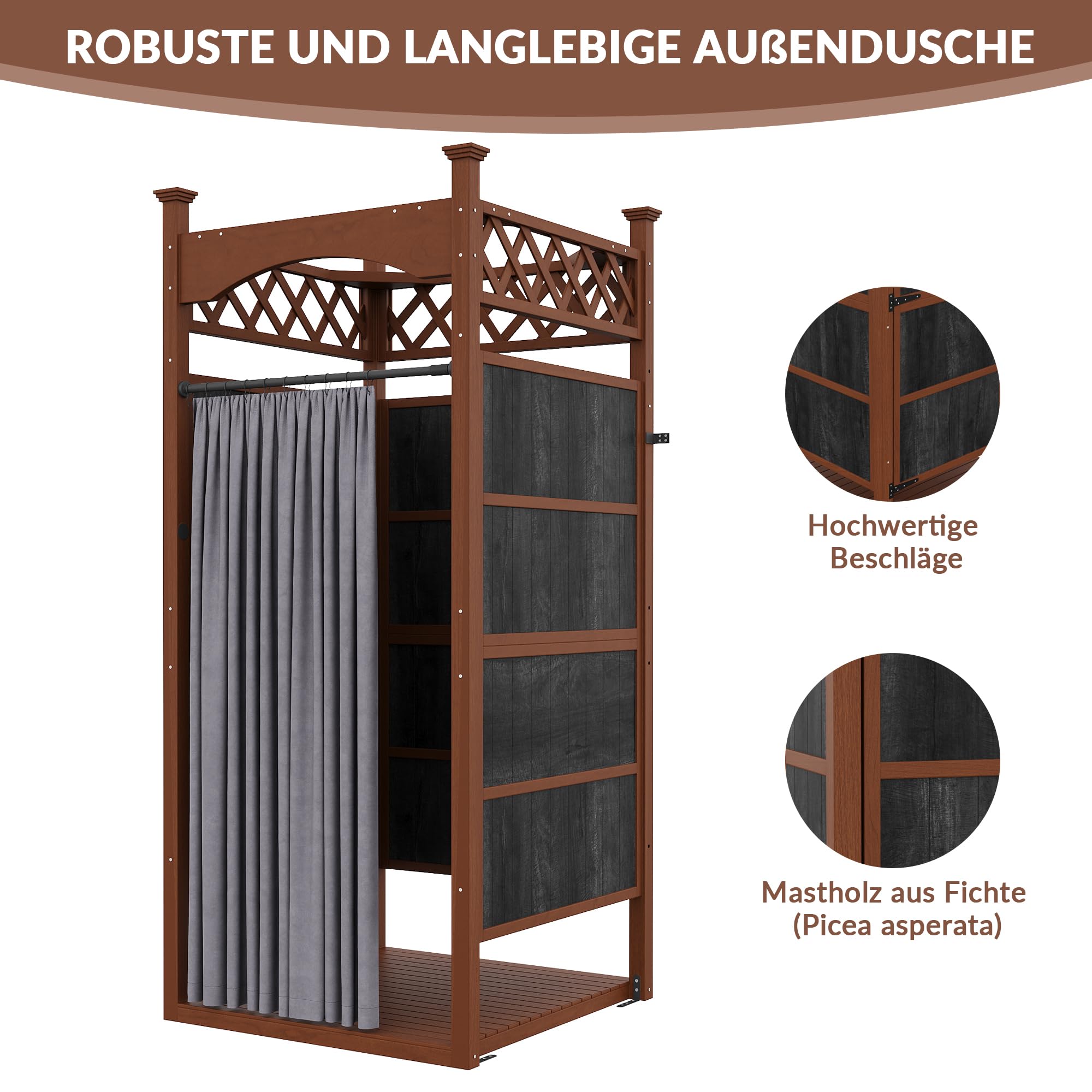 Gartendusche Outdoor Dusche aus Massivholz, Duschkabine & Umkleidekabine mit Duschvorhang & Bodenmatte, Sichtschutz für Pool & Garten, Wetterfeste Außendusche Holz