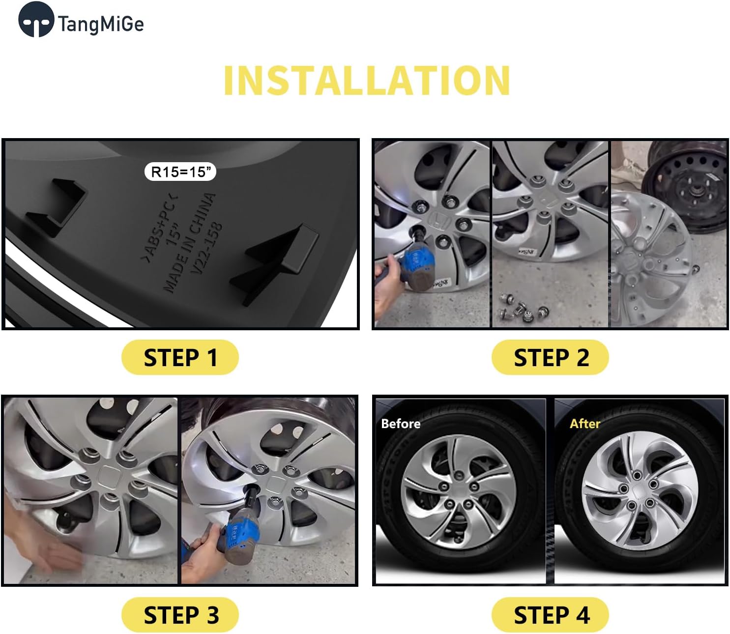 TangMiGe 4-Pack Hubcaps Compatible with Honda Civic 2013 2014 2015, 15 Inch 15", Wheel Covers Skins, 44733-TR3-A00, Please Watch The Installation Video (Silver Color)